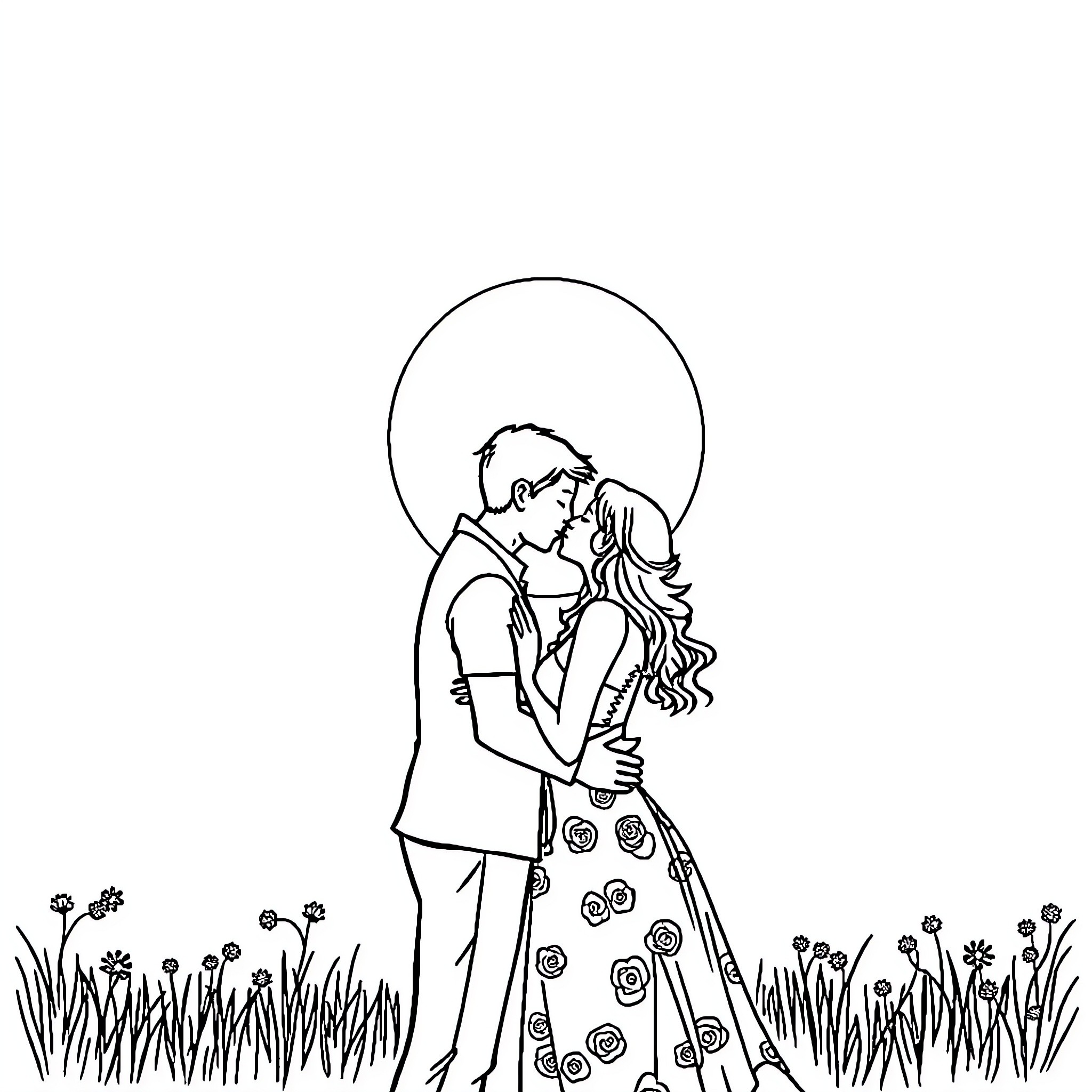 Lovers embracing in a floral field Coloring Page (free black-and-white line drawing printable PDF for all, from beginners to advanced learners, including children, teens, adults, and seniors)