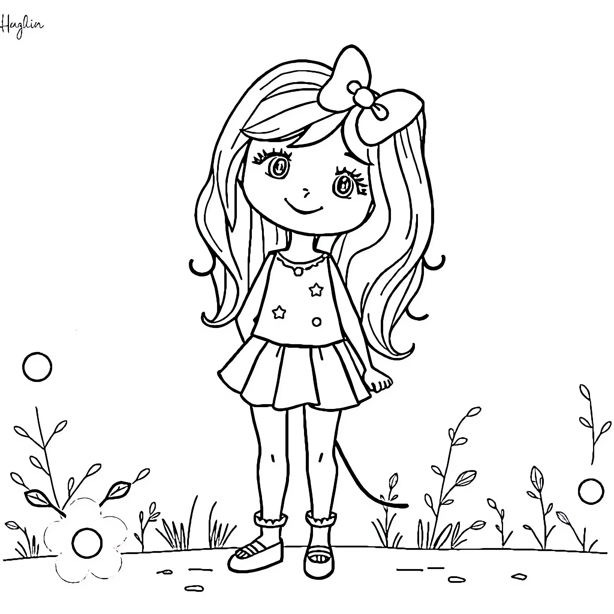 Marzia's Cheerful Outdoor Adventure Coloring Page (free black-and-white line drawing printable PDF for all, from beginners to advanced learners, including children, teens, adults, and seniors)