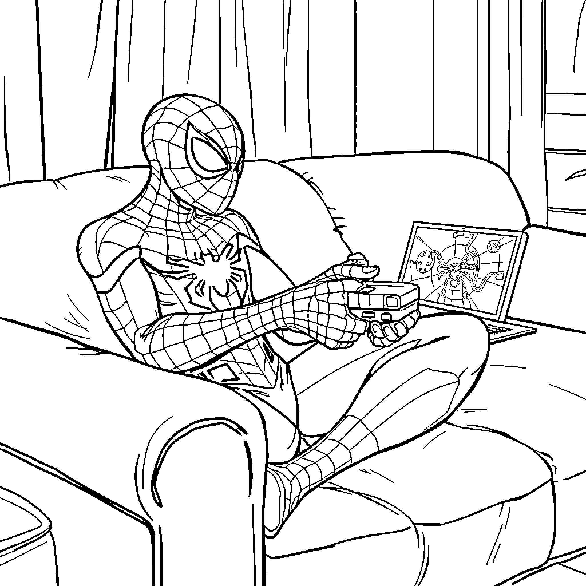 Spiderman gaming and relaxing in his lair Coloring Page (free black-and-white line drawing printable PDF for all, from beginners to advanced learners, including children, teens, adults, and seniors)
