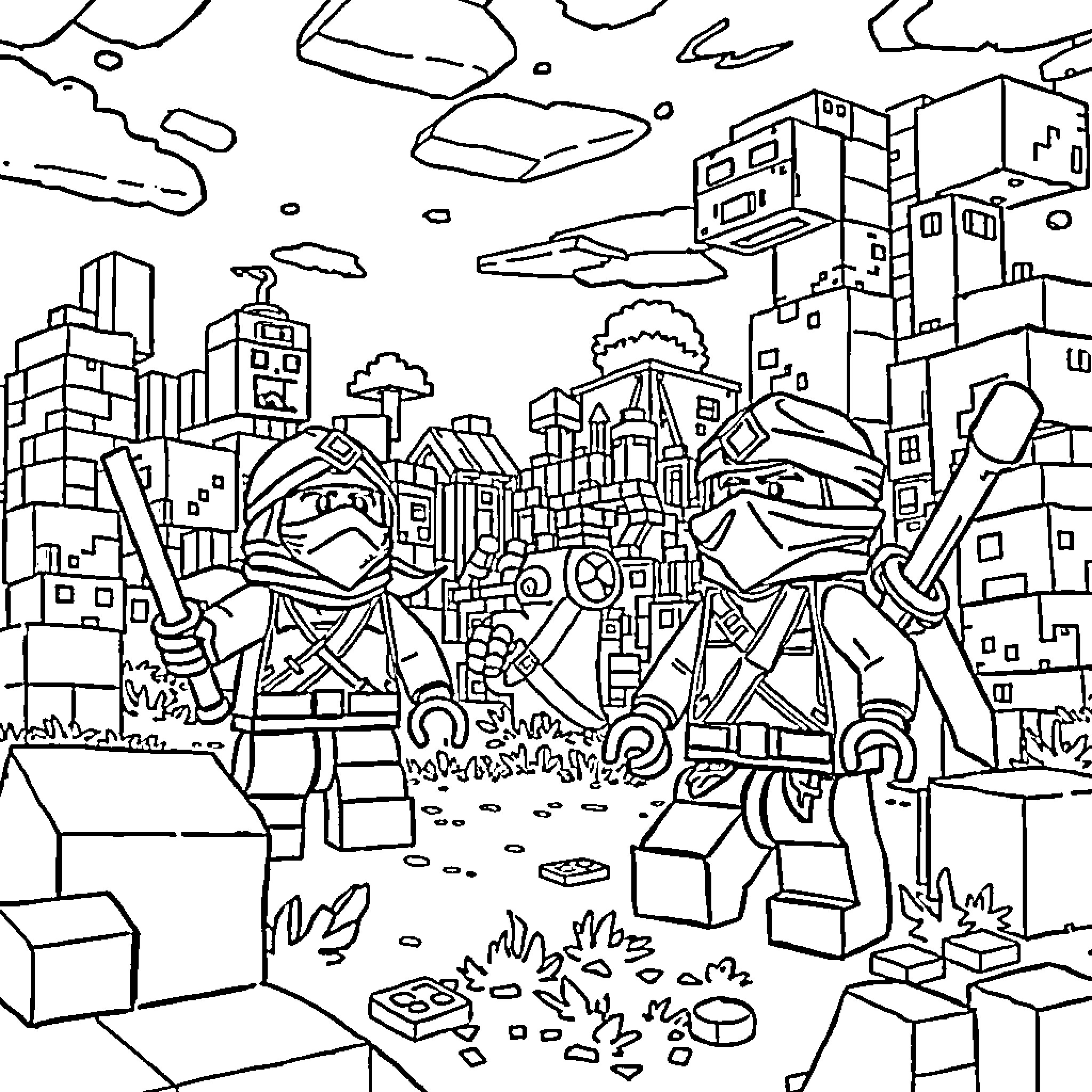 Ninjago warriors in action across the city Coloring Page (free black-and-white line drawing printable PDF for all, from beginners to advanced learners, including children, teens, adults, and seniors)