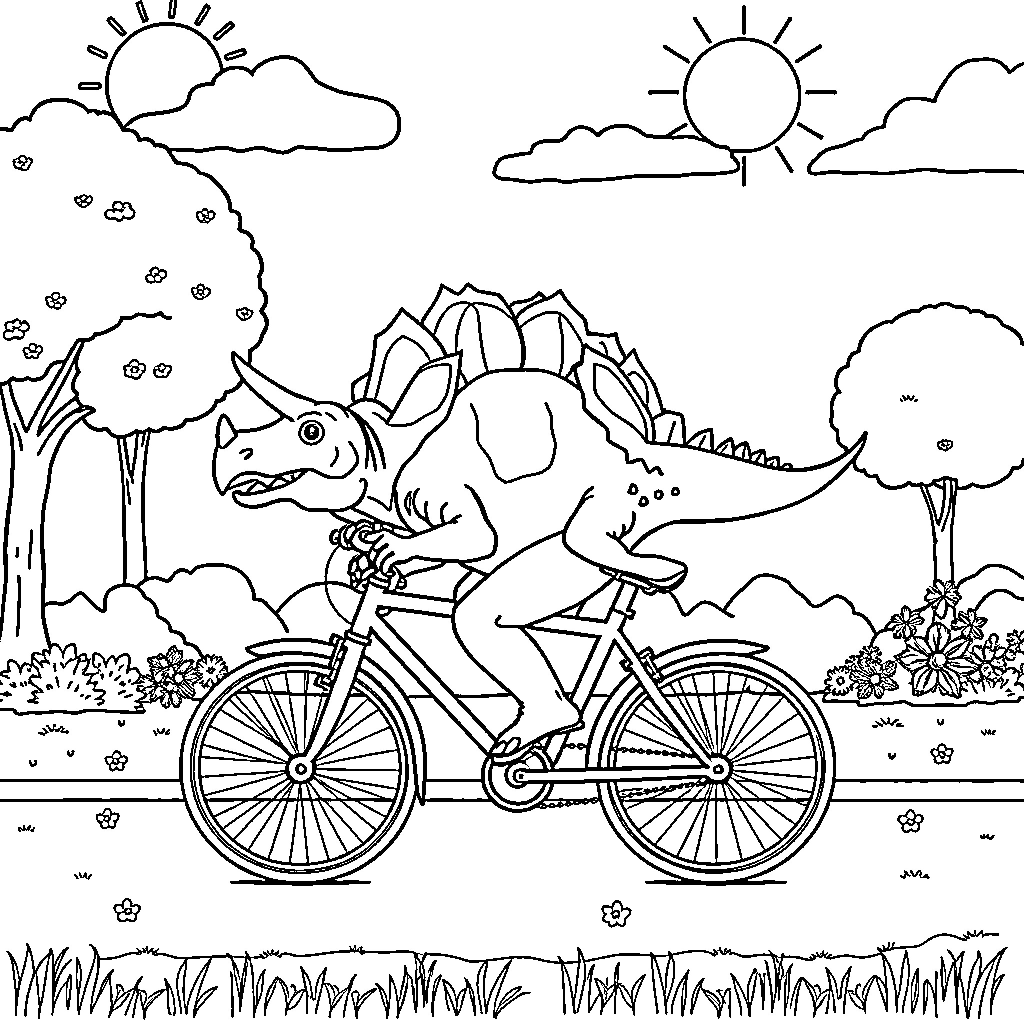 Triceratops riding a bicycle in nature Coloring Page (free black-and-white line drawing printable PDF for all, from beginners to advanced learners, including children, teens, adults, and seniors)