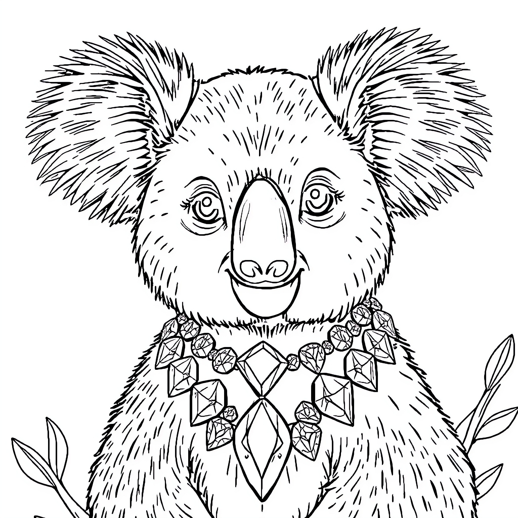Koala wearing a necklace of crystals Coloring Page (free black-and-white line drawing printable PDF for all, from beginners to advanced learners, including children, teens, adults, and seniors)