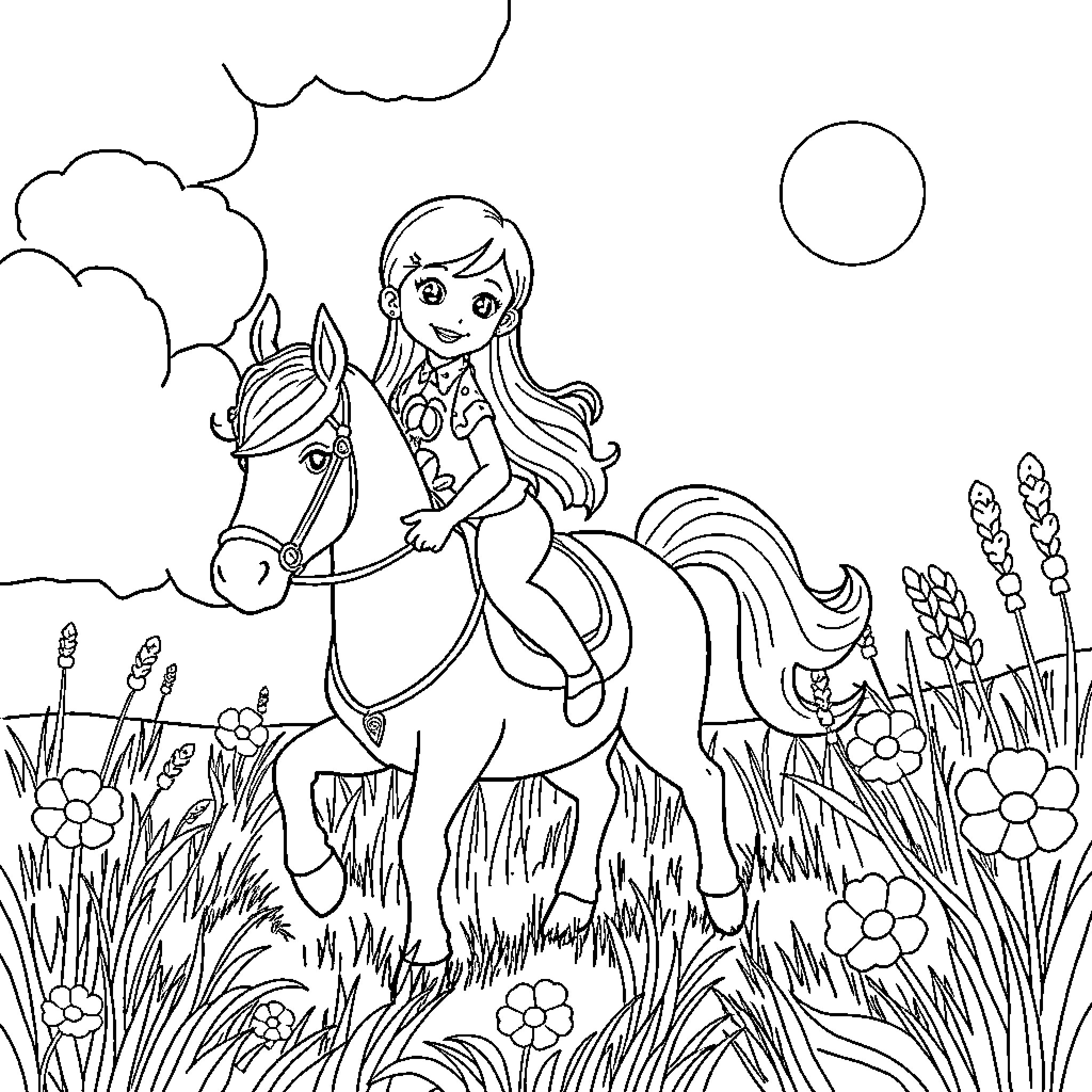 Girl riding horse in garden with flowers Coloring Page (free black-and-white line drawing printable PDF for all, from beginners to advanced learners, including children, teens, adults, and seniors)