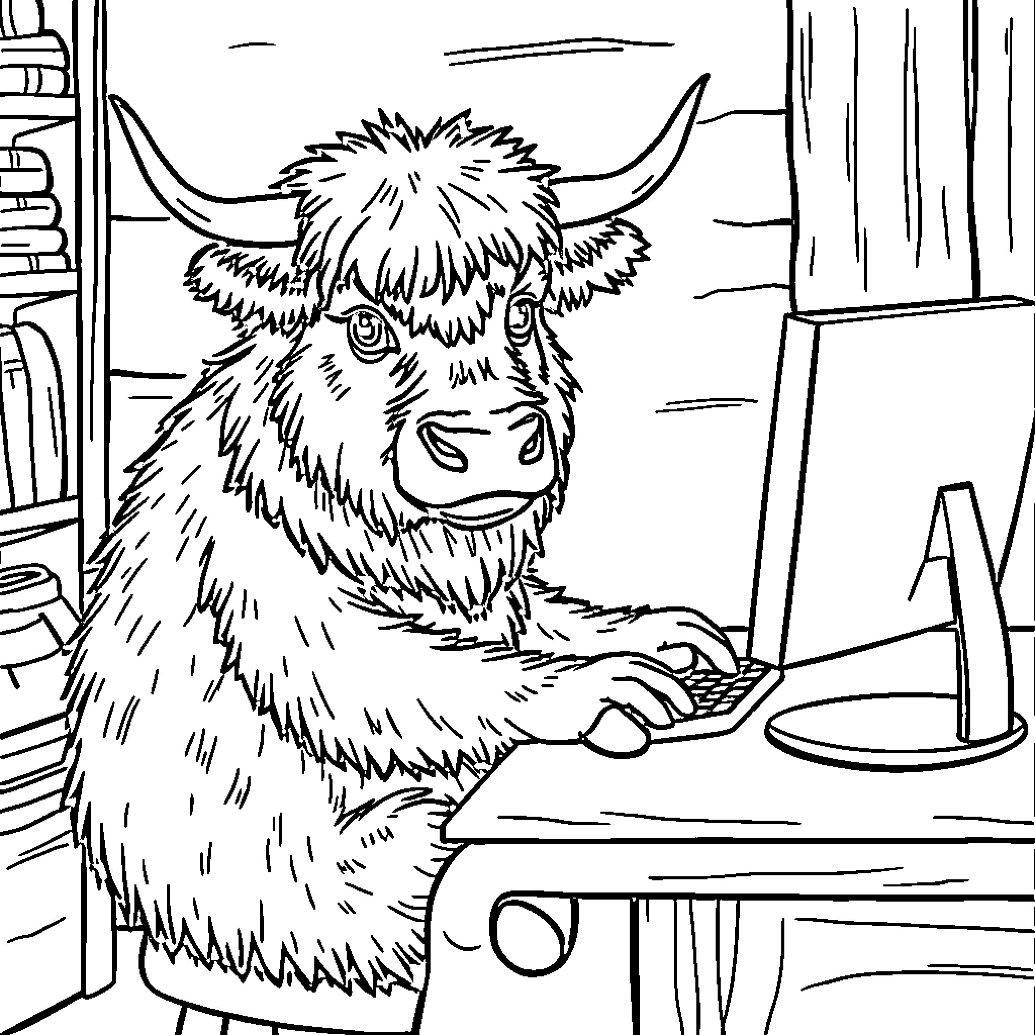 Highland Cow Working on Computer in Study Coloring Page (free black-and-white line drawing printable PDF for all, from beginners to advanced learners, including children, teens, adults, and seniors)
