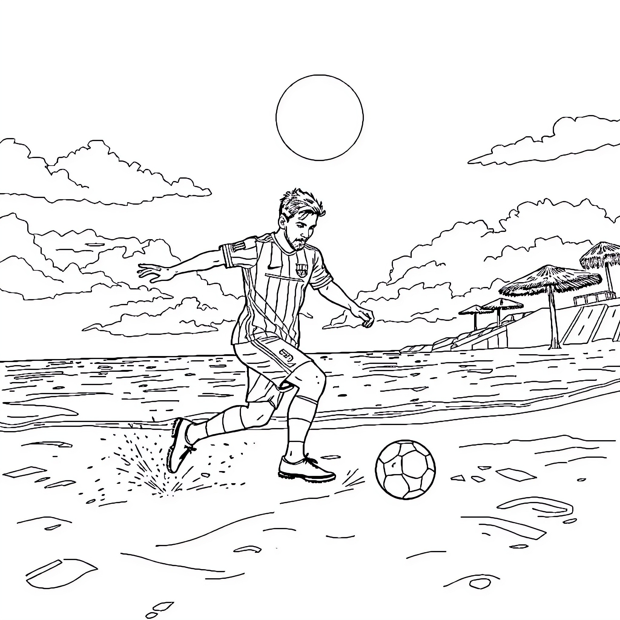 Messi playing soccer on the beach Coloring Page (free black-and-white line drawing printable PDF for all, from beginners to advanced learners, including children, teens, adults, and seniors)