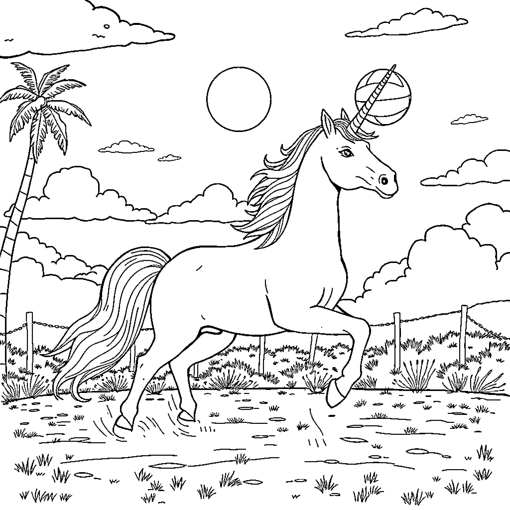 Unicorn running in tropical landscape Coloring Page (free black-and-white line drawing printable PDF for all, from beginners to advanced learners, including children, teens, adults, and seniors)
