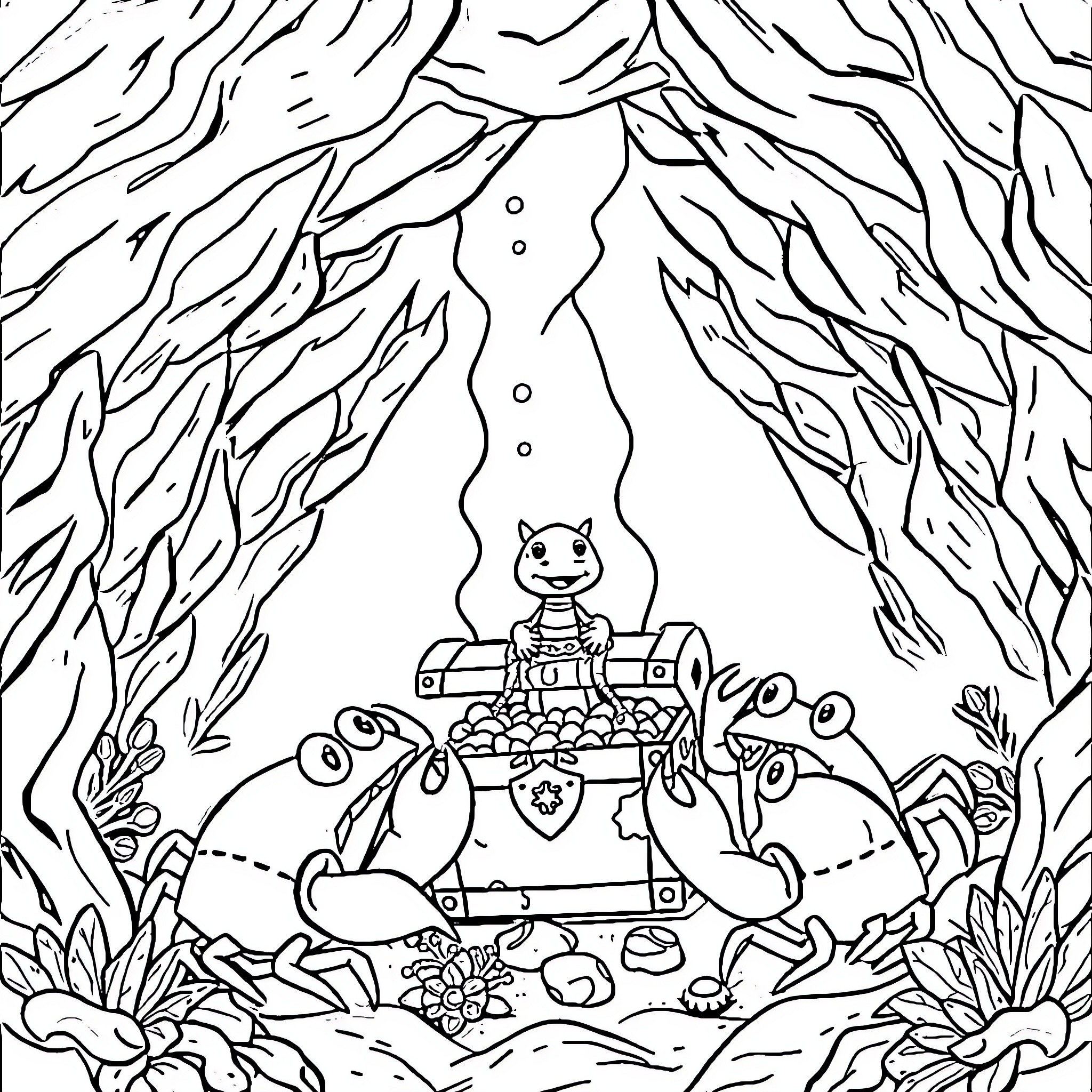 Crab exploring mysterious underwater forest Coloring Page (free black-and-white line drawing printable PDF for all, from beginners to advanced learners, including children, teens, adults, and seniors)