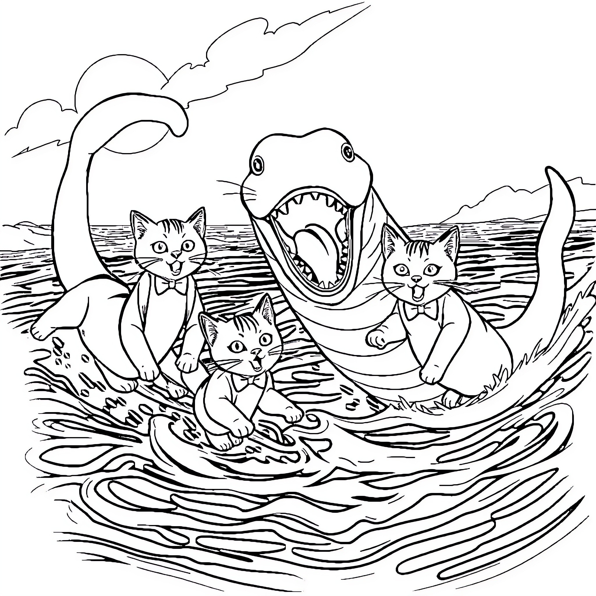 Tuxedo Cats Surfing with Shark in the Ocean Coloring Page (free black-and-white line drawing printable PDF for all, from beginners to advanced learners, including children, teens, adults, and seniors)