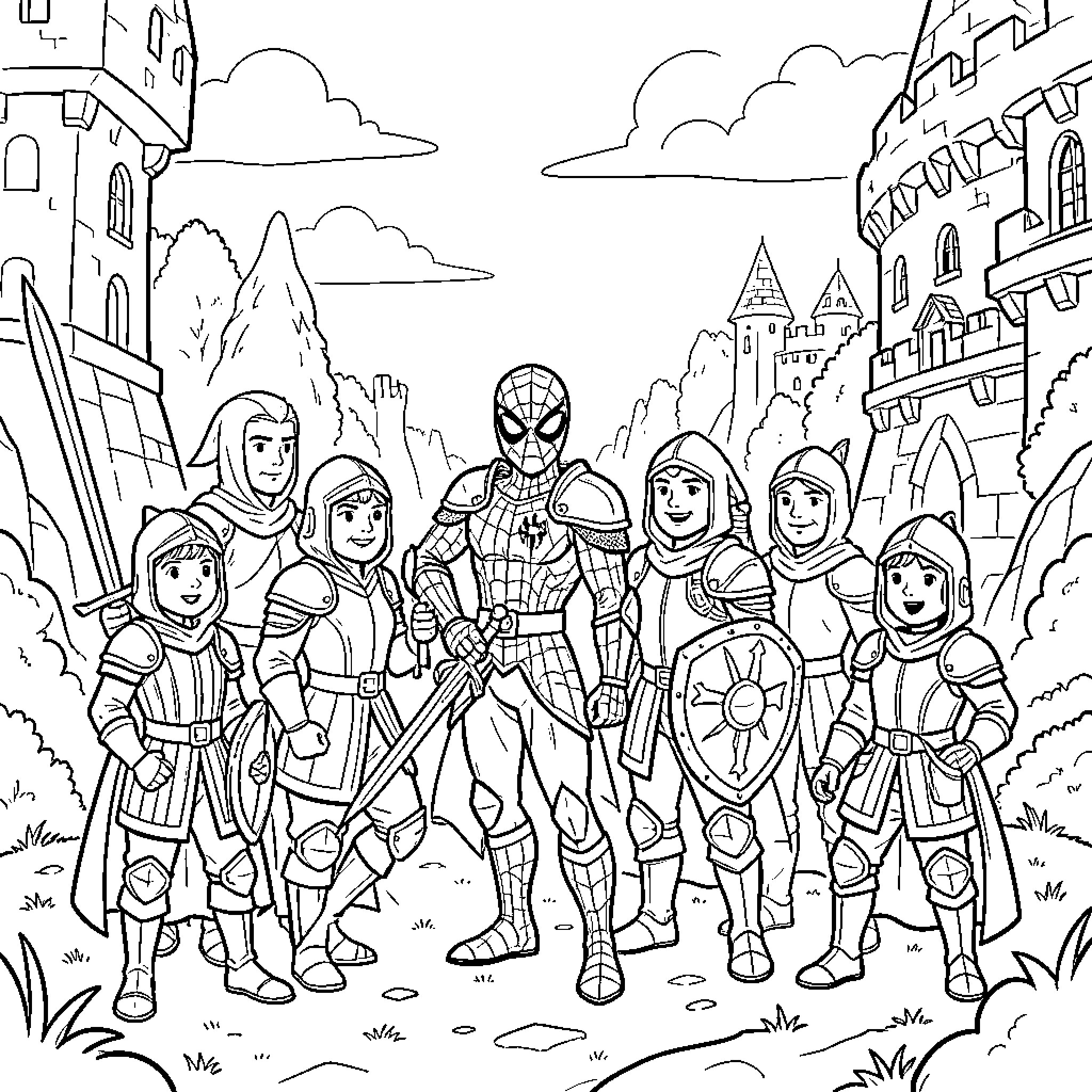Spidey leading a group of brave knights Coloring Page (free black-and-white line drawing printable PDF for all, from beginners to advanced learners, including children, teens, adults, and seniors)