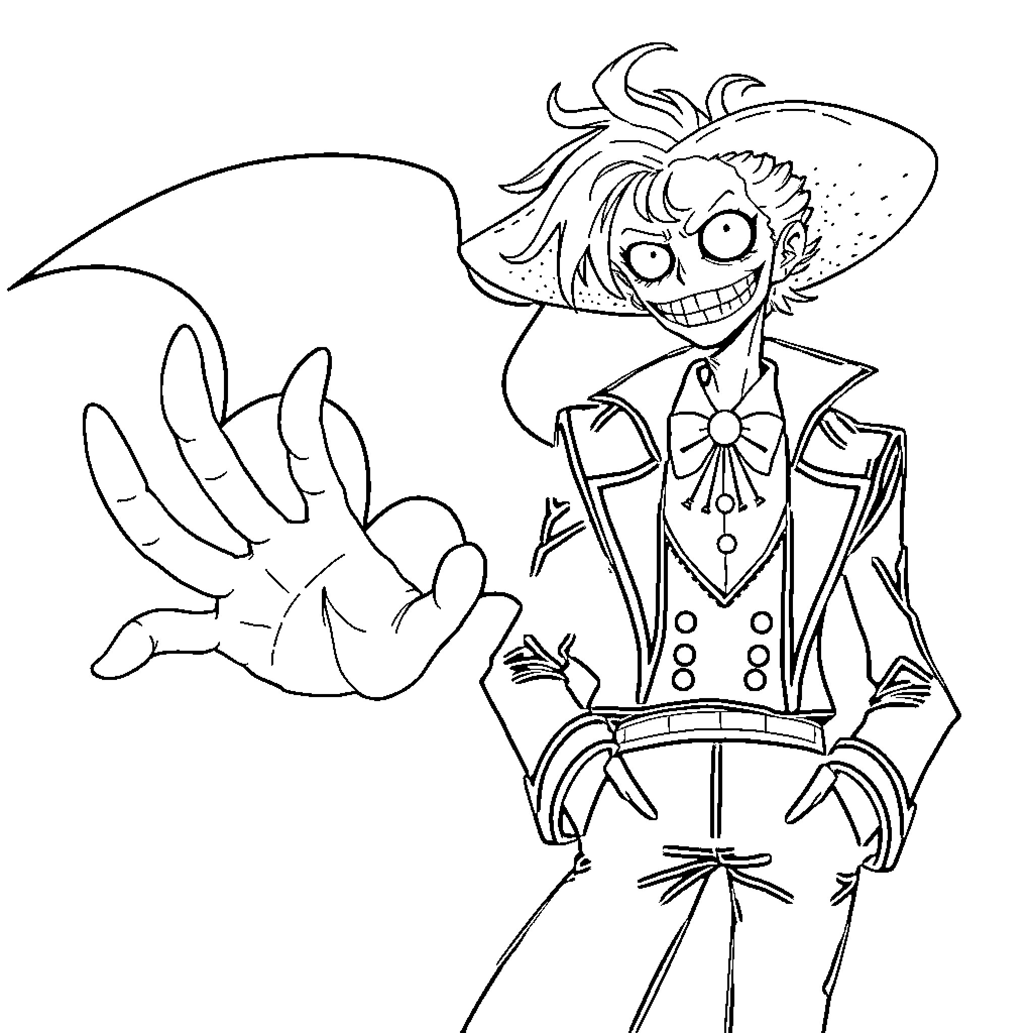 Brook the Mischievous Carnival Character Coloring Page (free black-and-white line drawing printable PDF for all, from beginners to advanced learners, including children, teens, adults, and seniors)