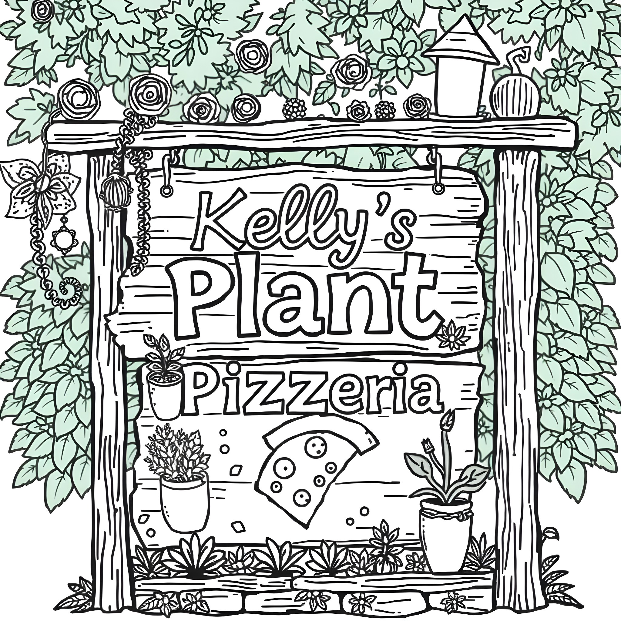 Pizzeria with Floral and Botanical Decor Coloring Page (free black-and-white line drawing printable PDF for all, from beginners to advanced learners, including children, teens, adults, and seniors)