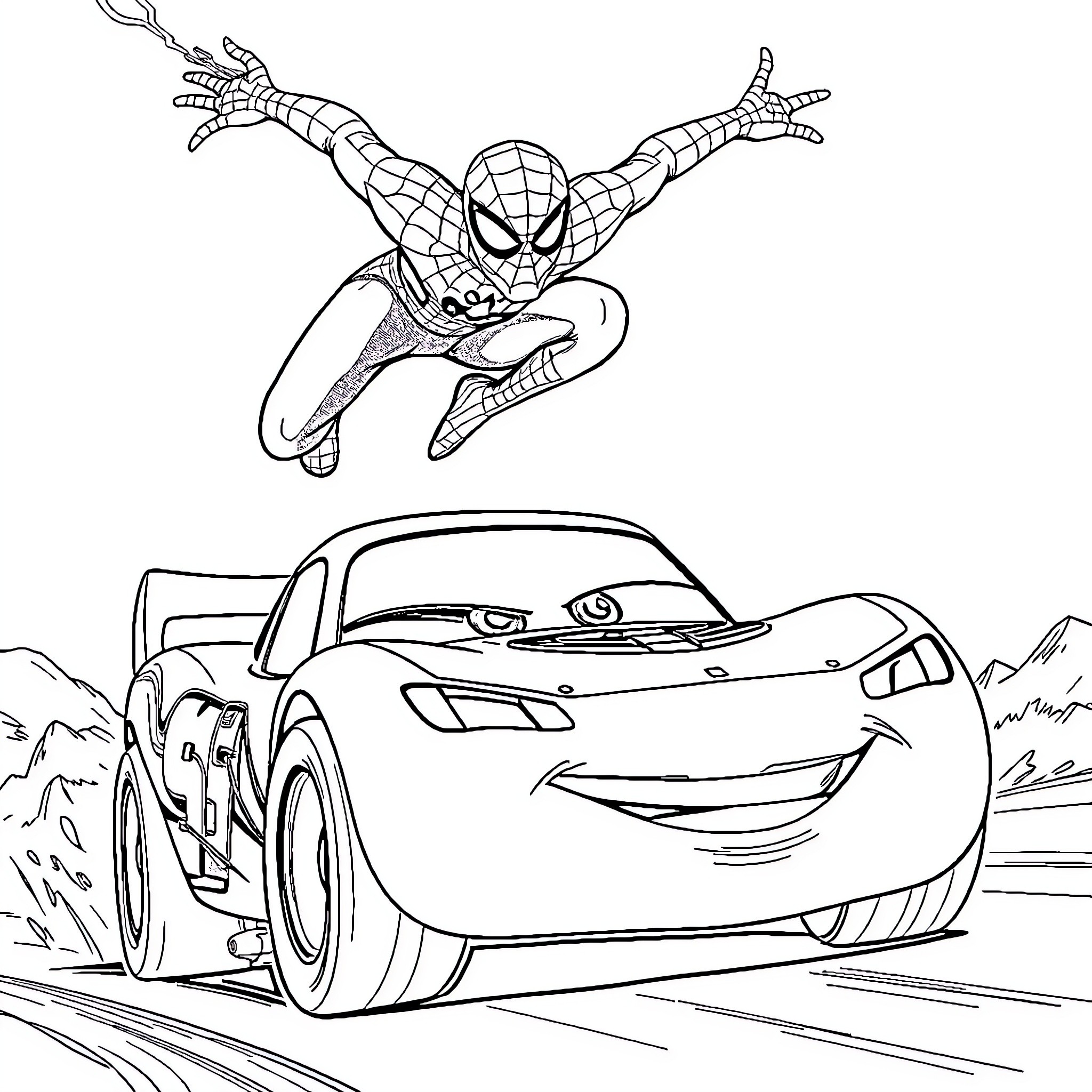 Spiderman swinging over a speeding race car Coloring Page (free black-and-white line drawing printable PDF for all, from beginners to advanced learners, including children, teens, adults, and seniors)