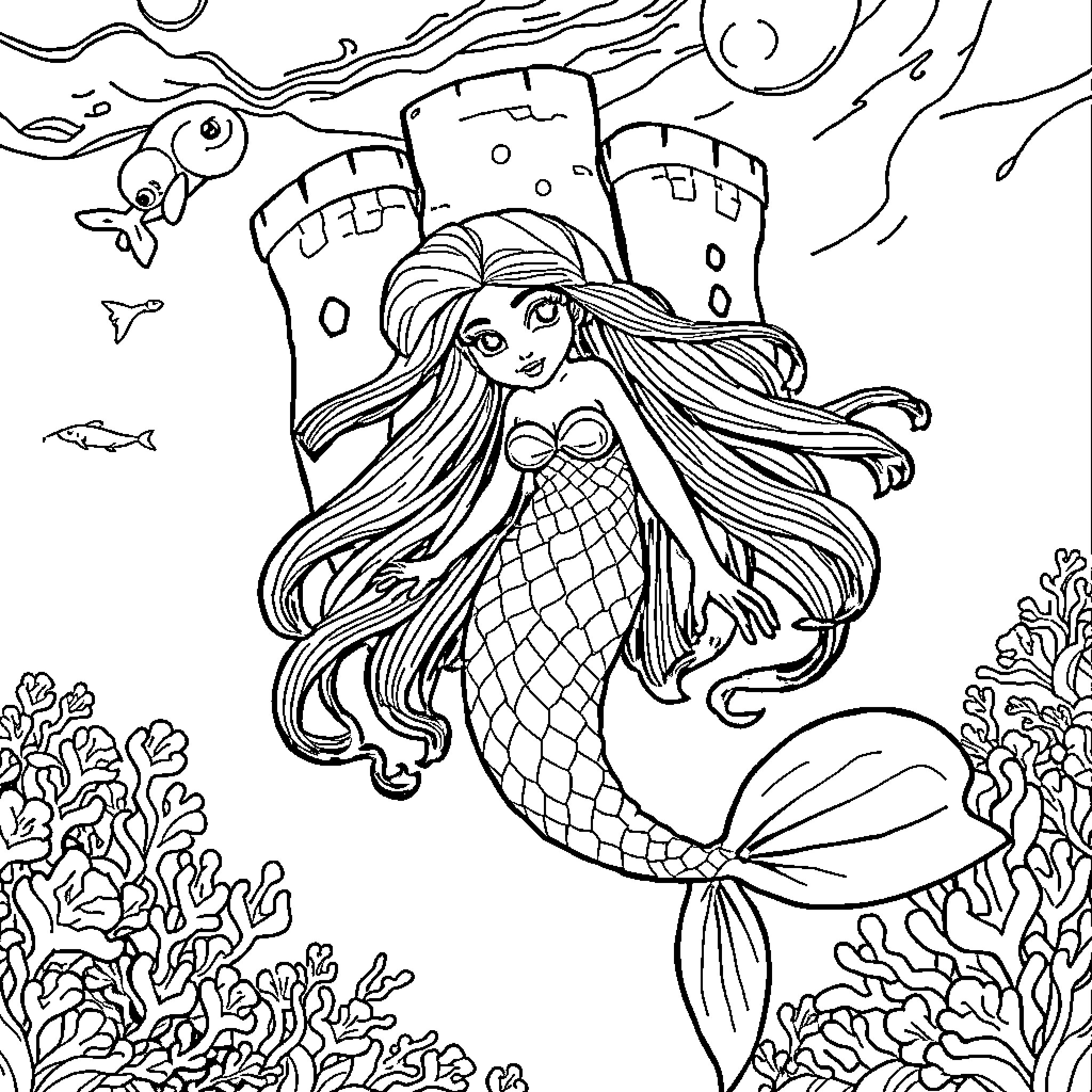 Sirenita's Underwater Adventure Coloring Page (free black-and-white line drawing printable PDF for all, from beginners to advanced learners, including children, teens, adults, and seniors)
