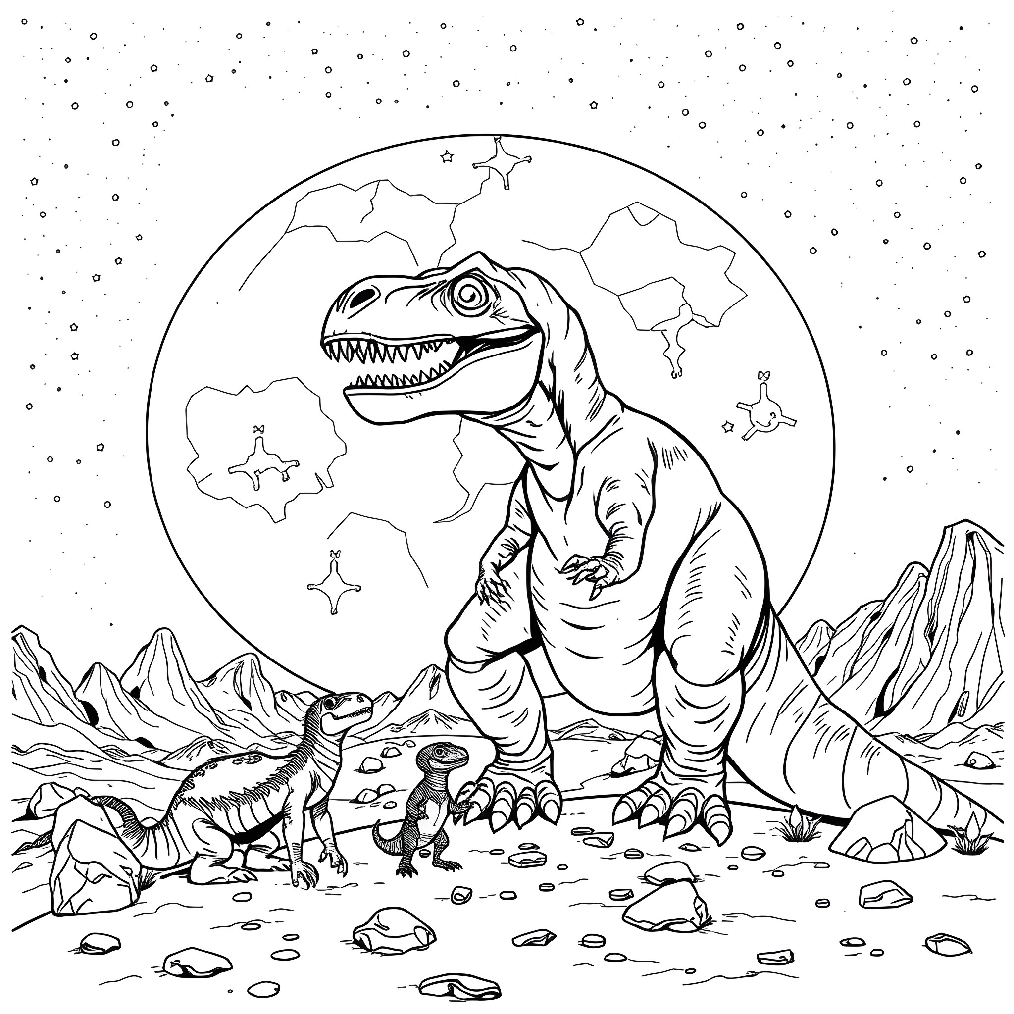 T-Rex Roaring in Prehistoric Landscape Coloring Page (free black-and-white line drawing printable PDF for all, from beginners to advanced learners, including children, teens, adults, and seniors)