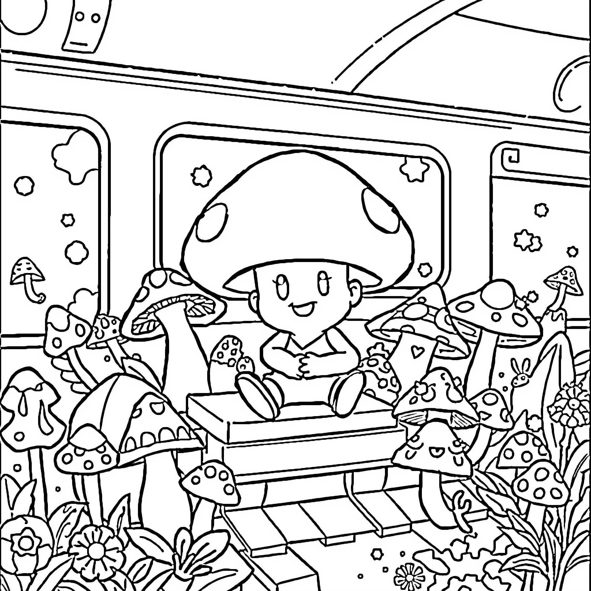 Mushroom Ryze exploring whimsical forest scene Coloring Page (free black-and-white line drawing printable PDF for all, from beginners to advanced learners, including children, teens, adults, and seniors)