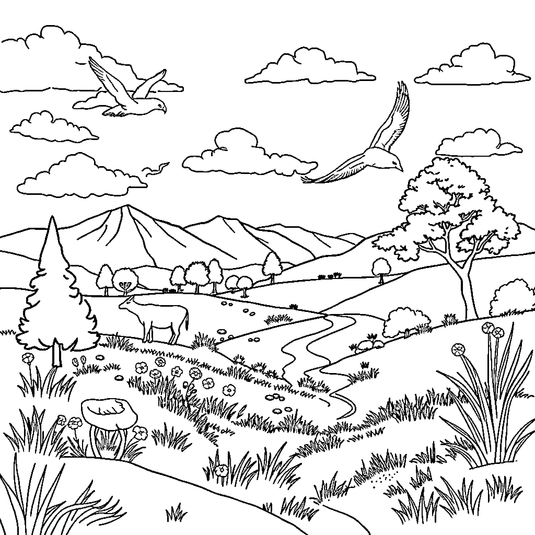 Landscape with birds soaring over a scenic countryside Coloring Page (free black-and-white line drawing printable PDF for all, from beginners to advanced learners, including children, teens, adults, and seniors)