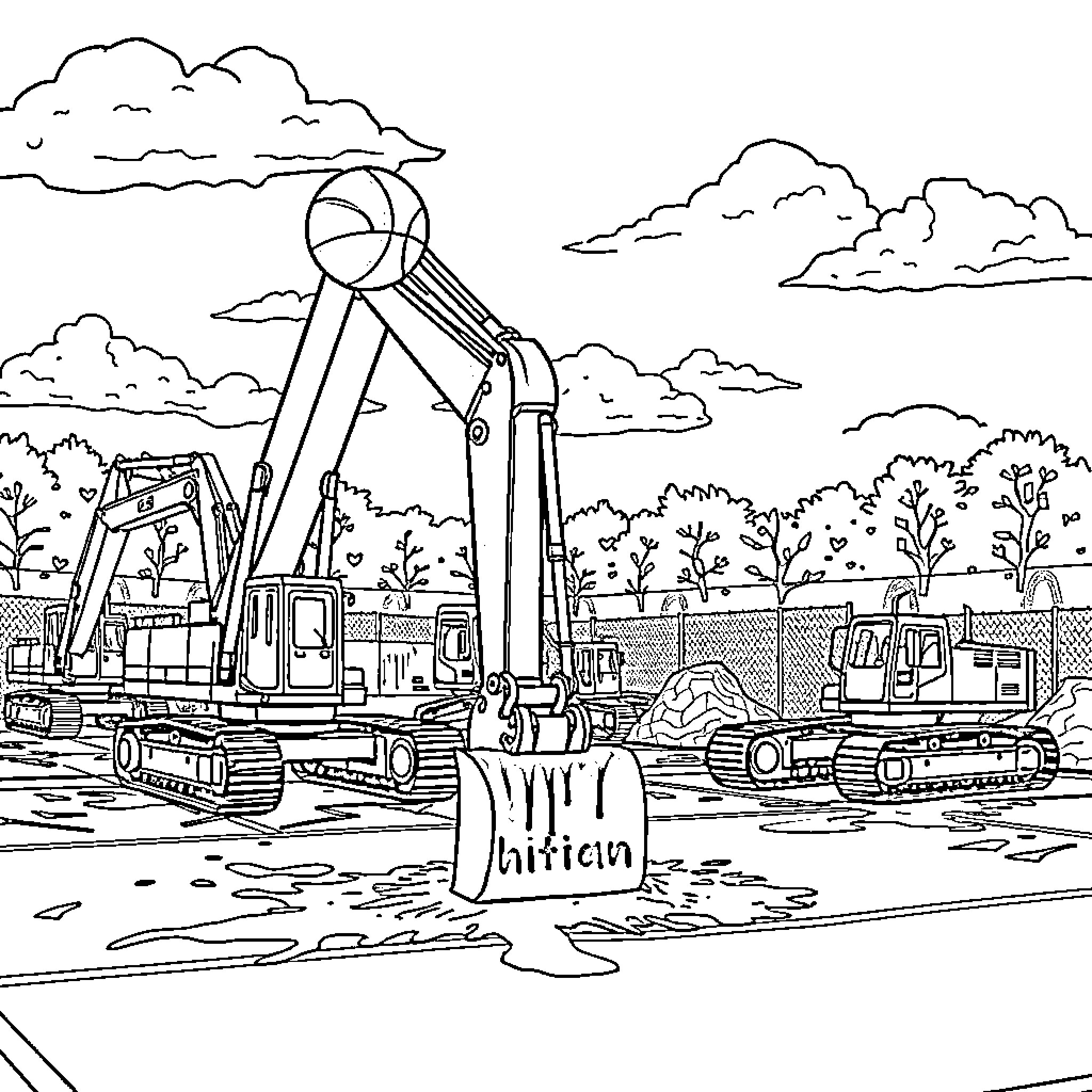Excavator equipment working at construction site Coloring Page (free black-and-white line drawing printable PDF for all, from beginners to advanced learners, including children, teens, adults, and seniors)