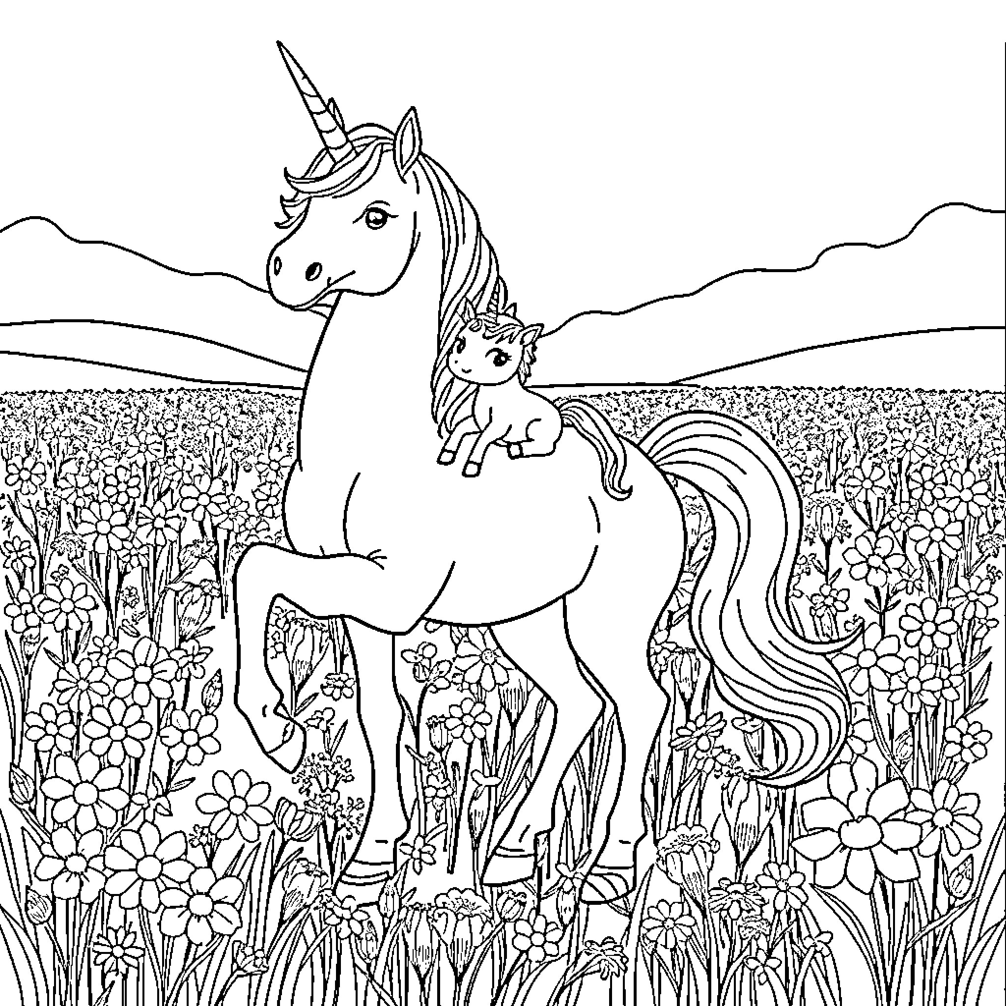 Unicorn and its baby grazing in a floral meadow Coloring Page (free black-and-white line drawing printable PDF for all, from beginners to advanced learners, including children, teens, adults, and seniors)