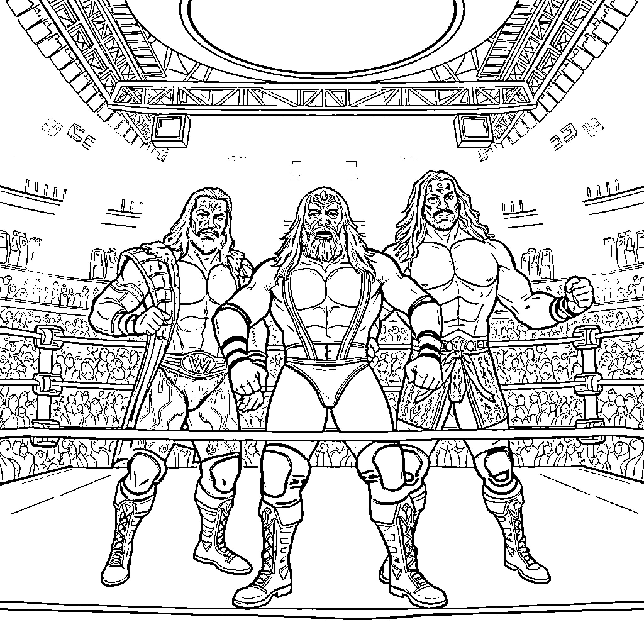 Wrestlers performing dramatic poses in the arena Coloring Page (free black-and-white line drawing printable PDF for all, from beginners to advanced learners, including children, teens, adults, and seniors)