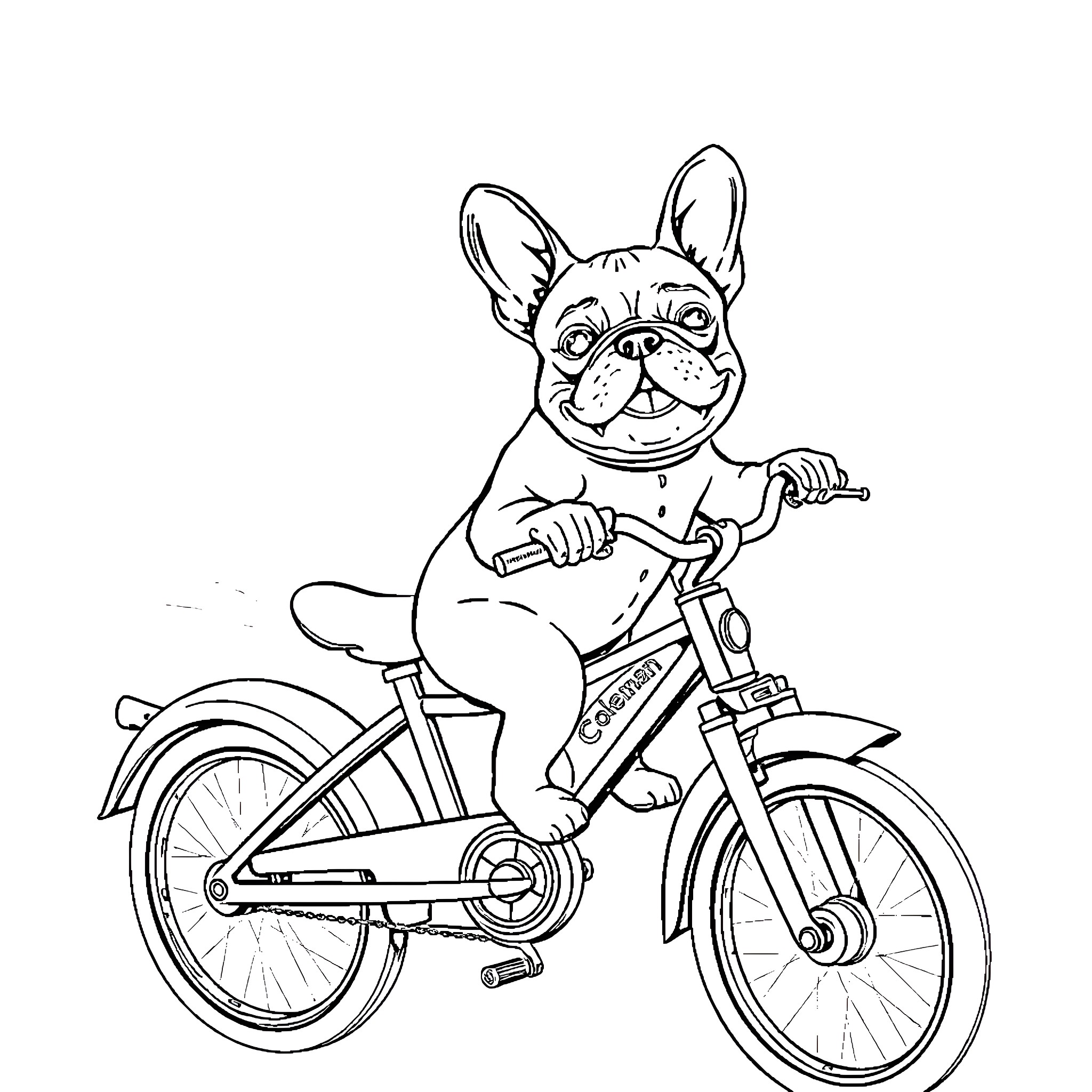 French Bulldog riding bicycle happily Coloring Page (free black-and-white line drawing printable PDF for all, from beginners to advanced learners, including children, teens, adults, and seniors)