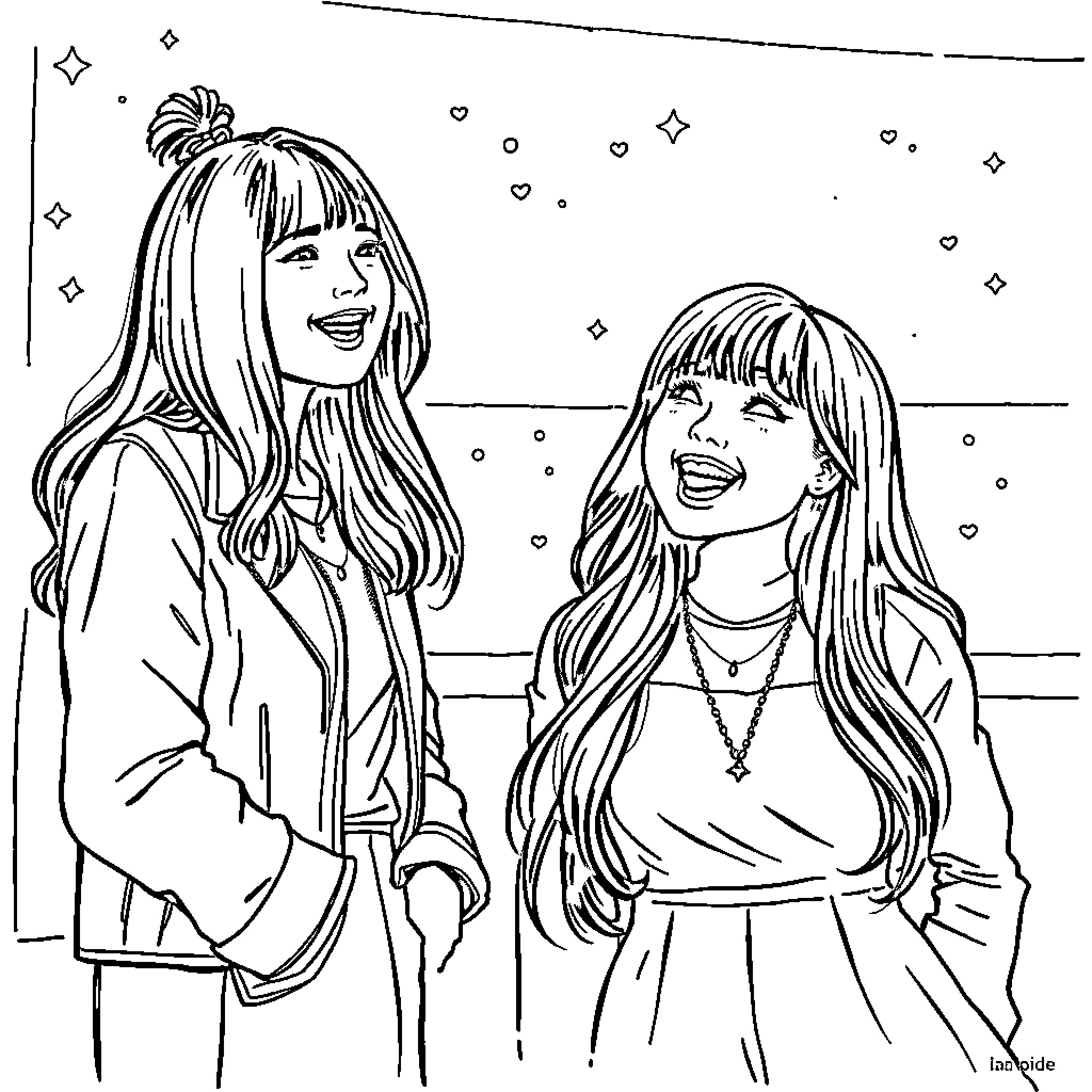 Kpop Stars Posing Stylishly in Casual Outfits Coloring Page (free black-and-white line drawing printable PDF for all, from beginners to advanced learners, including children, teens, adults, and seniors)