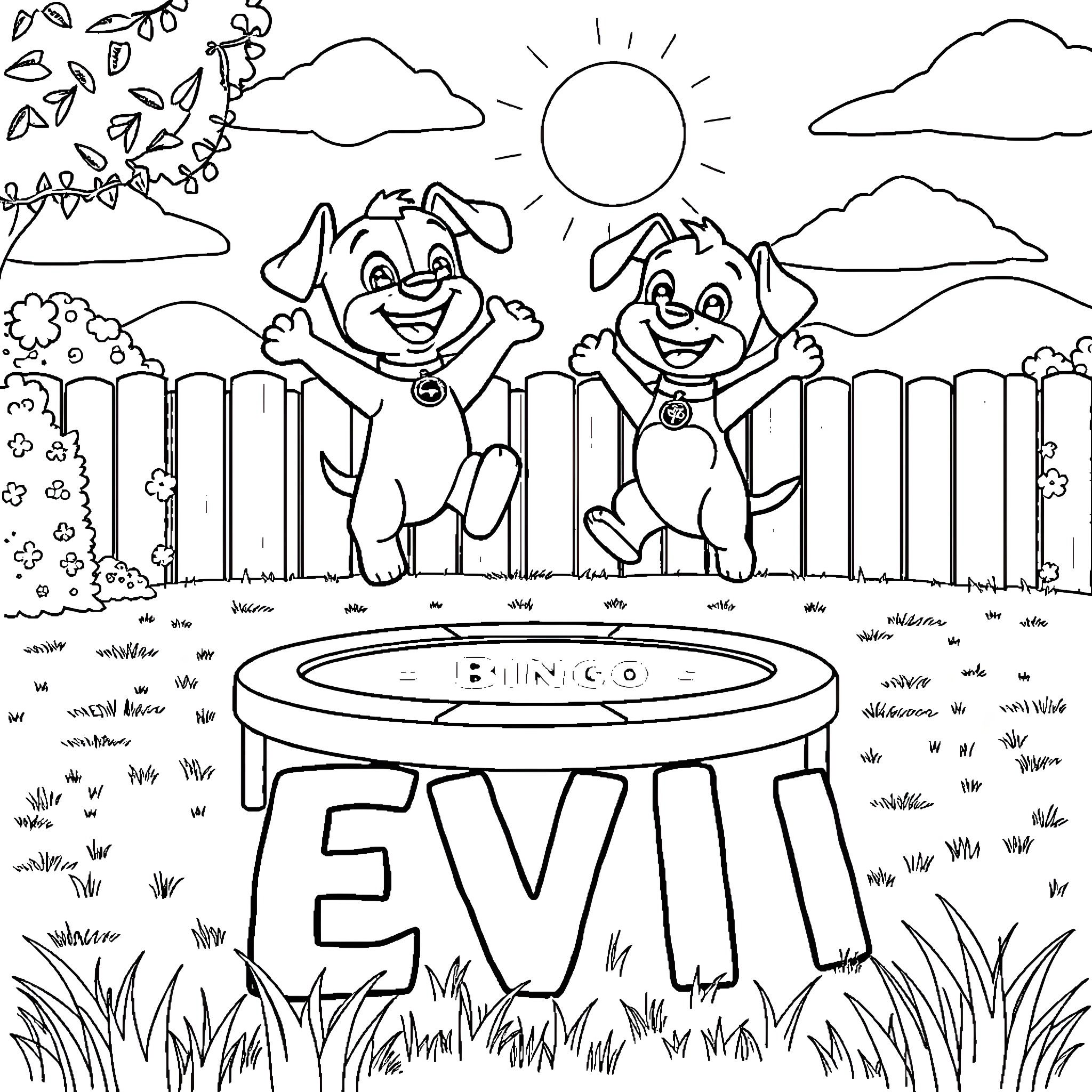 Bluey and friends playing on a trampoline in the park Coloring Page (free black-and-white line drawing printable PDF for all, from beginners to advanced learners, including children, teens, adults, and seniors)