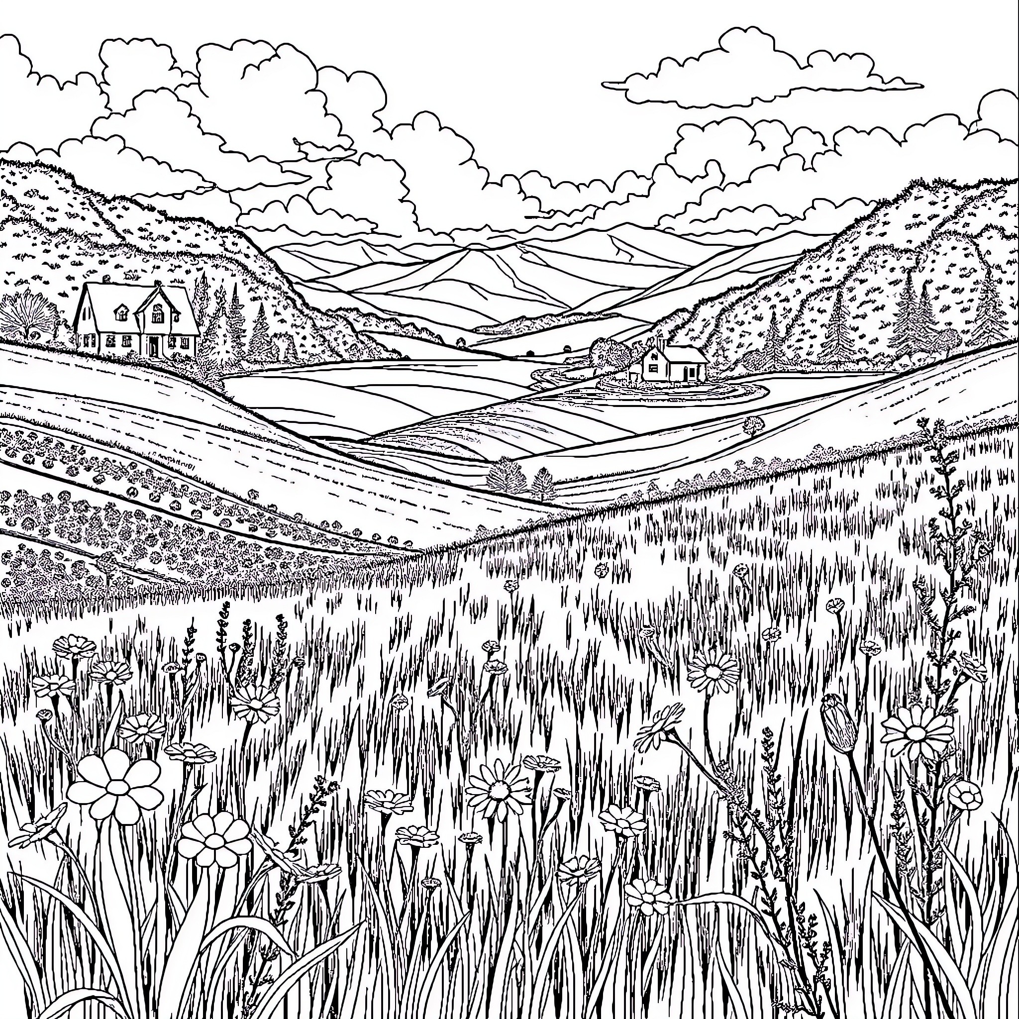 Farmhouse scenic countryside landscape with meadows and mountains Coloring Page (free black-and-white line drawing printable PDF for all, from beginners to advanced learners, including children, teens, adults, and seniors)