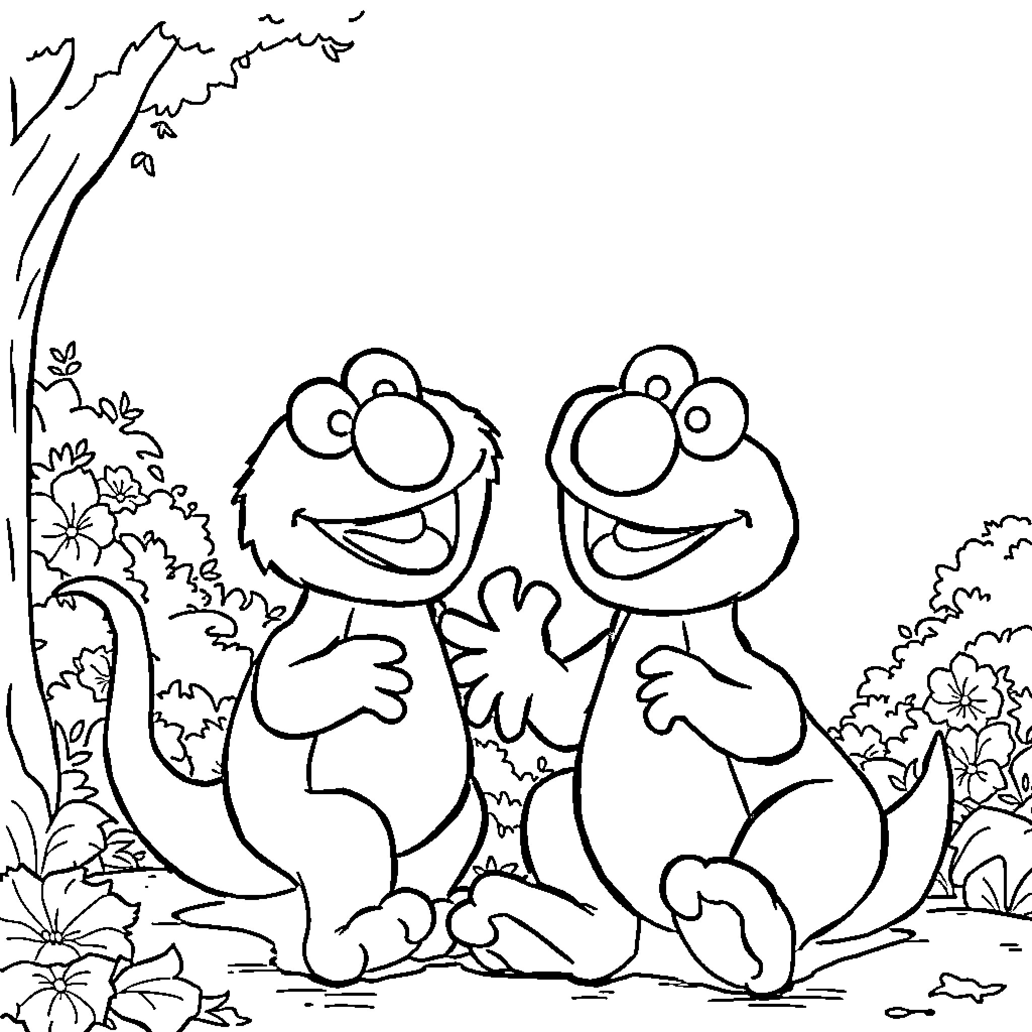 Elmo and friend enjoying nature together Coloring Page (free black-and-white line drawing printable PDF for all, from beginners to advanced learners, including children, teens, adults, and seniors)