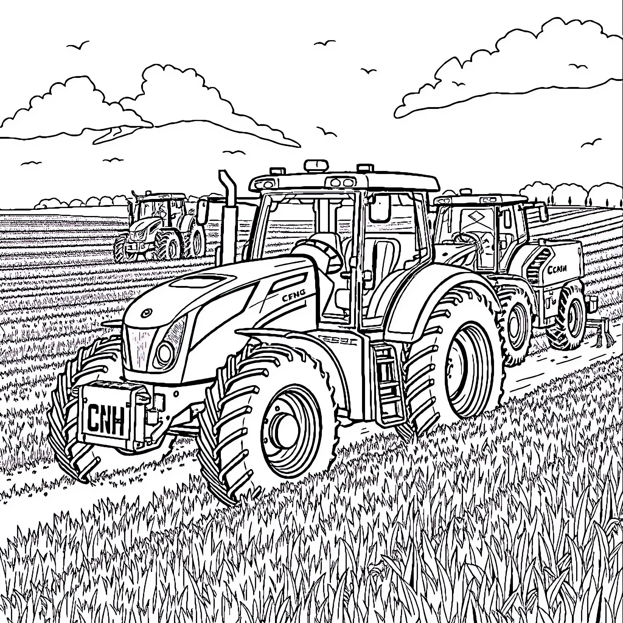 Tractor plowing the fields amidst scenic countryside Coloring Page (free black-and-white line drawing printable PDF for all, from beginners to advanced learners, including children, teens, adults, and seniors)