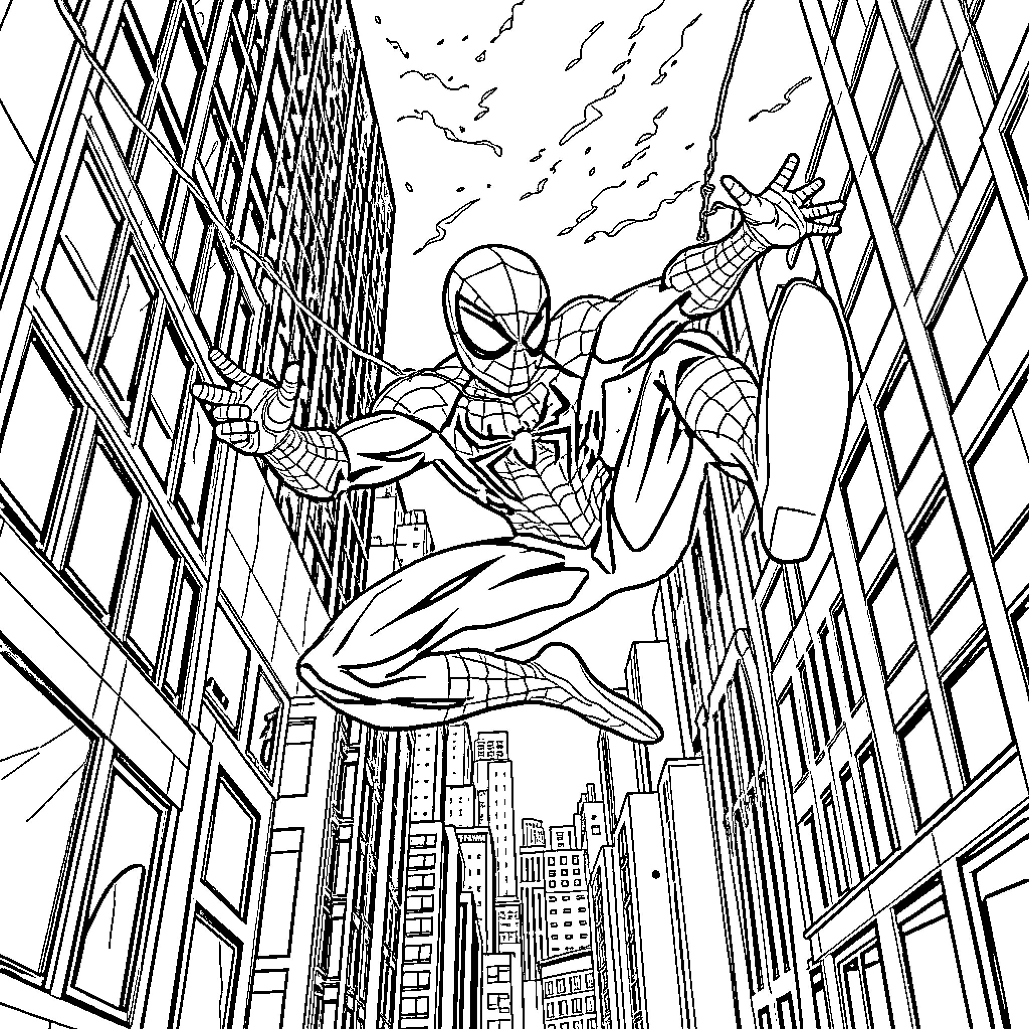 Spiderman swinging through the city skyline Coloring Page (free black-and-white line drawing printable PDF for all, from beginners to advanced learners, including children, teens, adults, and seniors)
