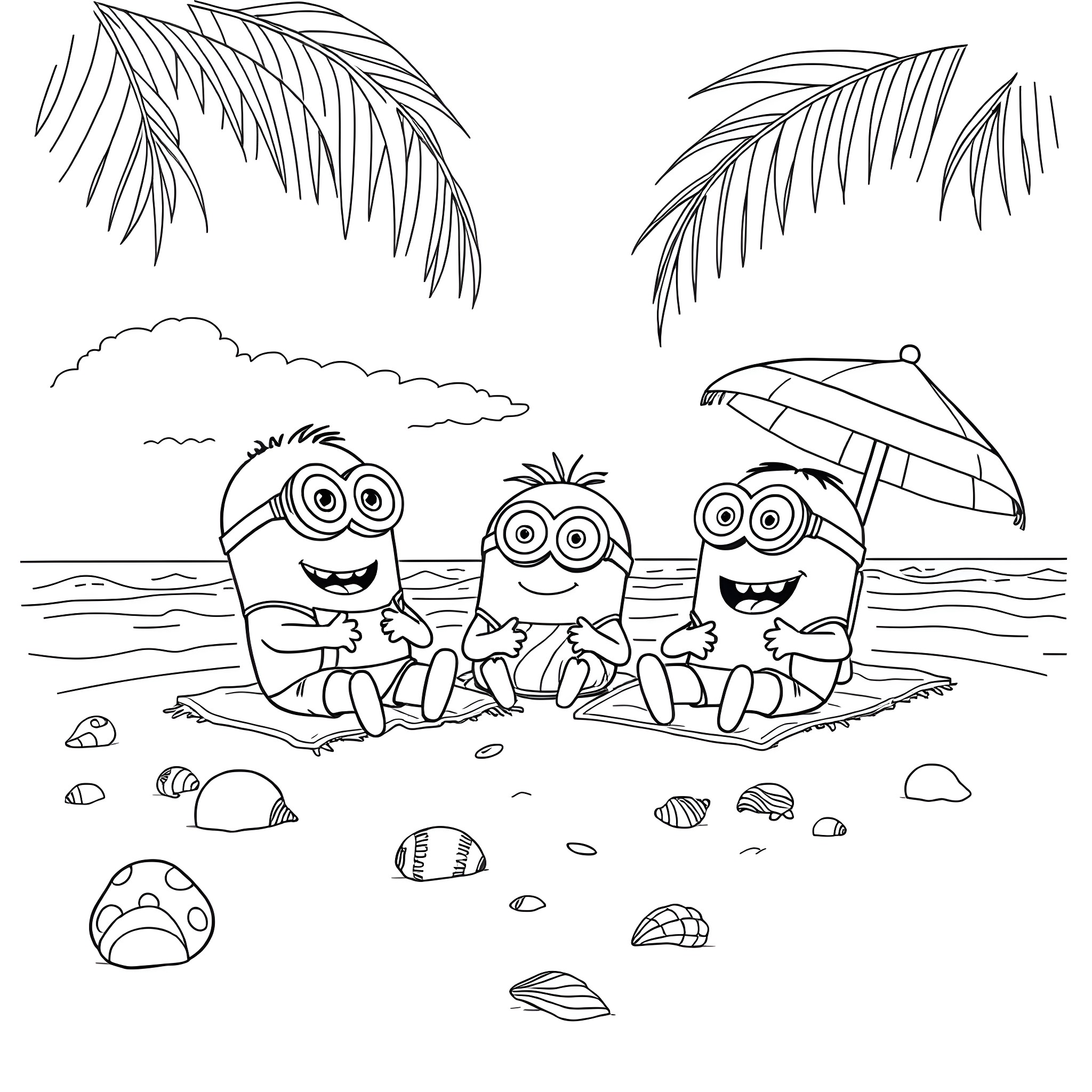 Minions enjoying a day at the beach Coloring Page (free black-and-white line drawing printable PDF for all, from beginners to advanced learners, including children, teens, adults, and seniors)