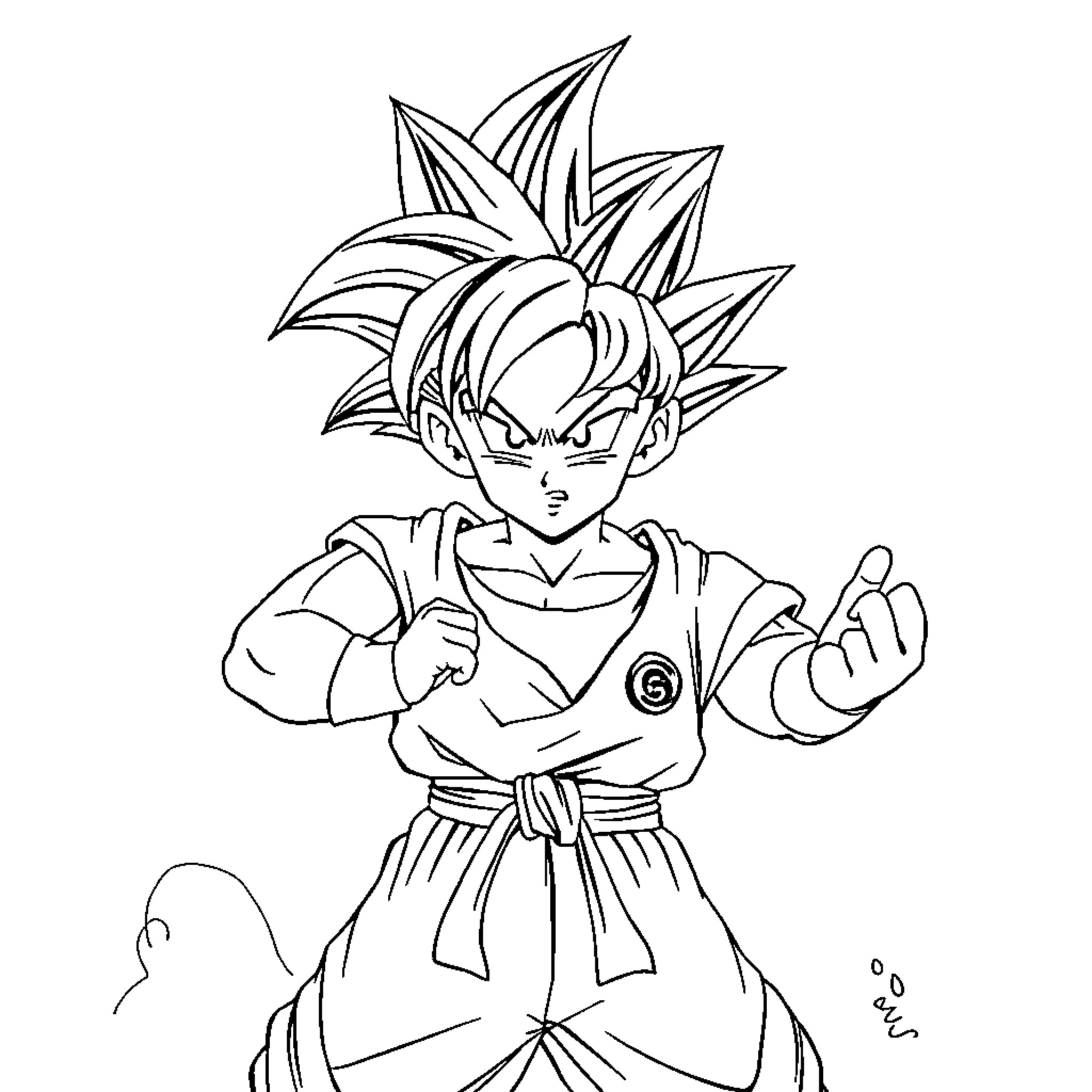 Gohan in action pose with determined expression Coloring Page (free black-and-white line drawing printable PDF for all, from beginners to advanced learners, including children, teens, adults, and seniors)