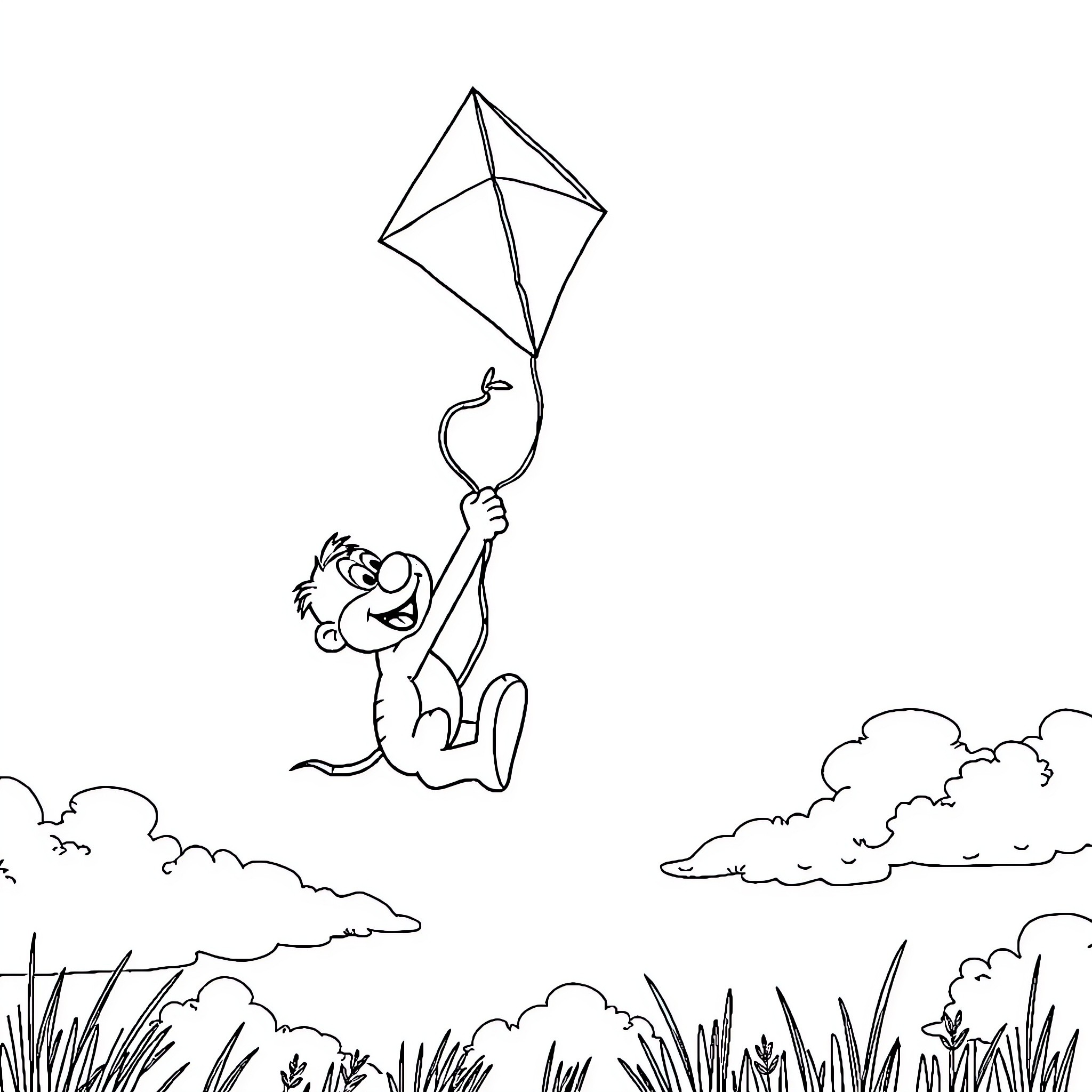 Alf flying a kite in the park Coloring Page (free black-and-white line drawing printable PDF for all, from beginners to advanced learners, including children, teens, adults, and seniors)