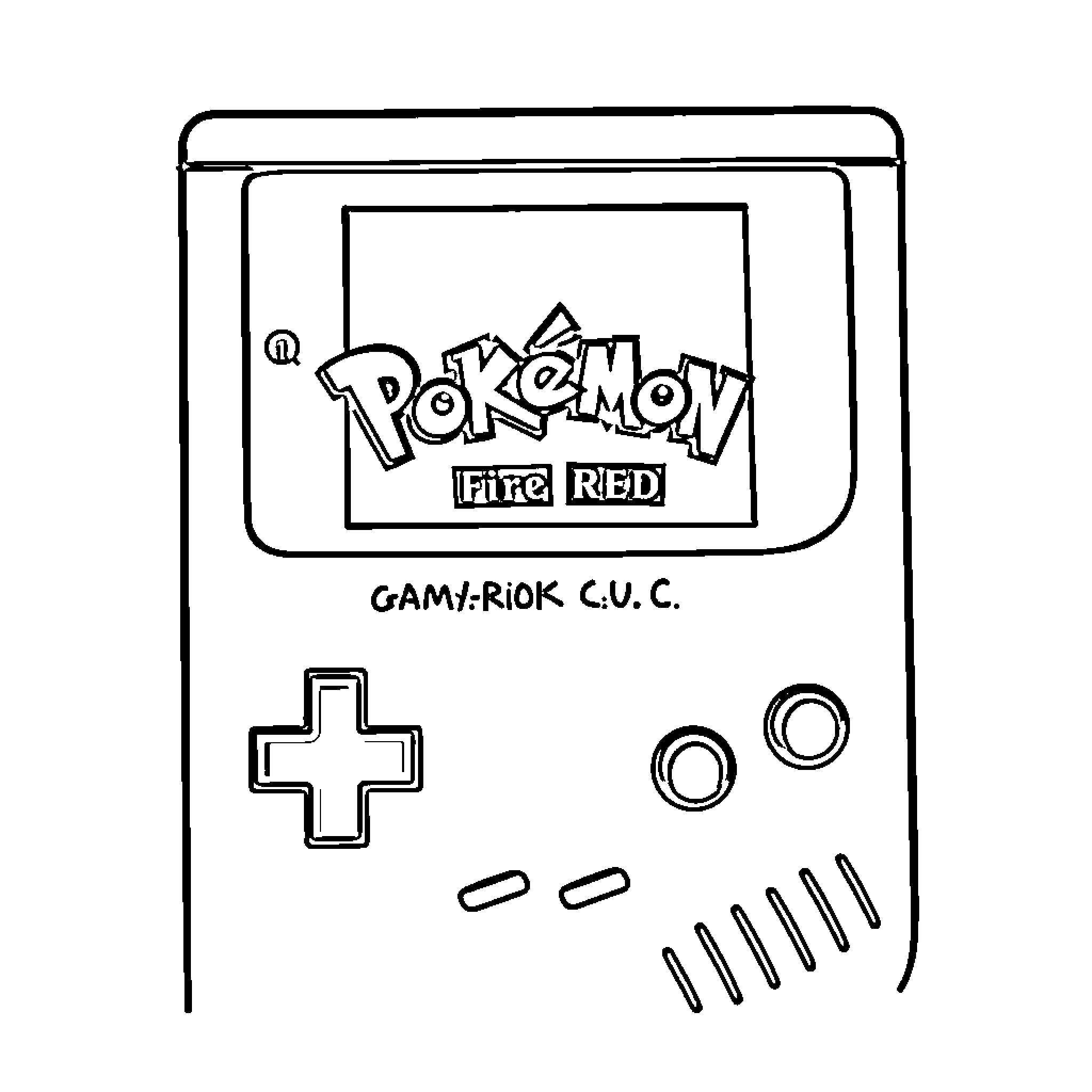 Gameboy with Pokemon Fire Red Coloring Page (free black-and-white line drawing printable PDF for all, from beginners to advanced learners, including children, teens, adults, and seniors)