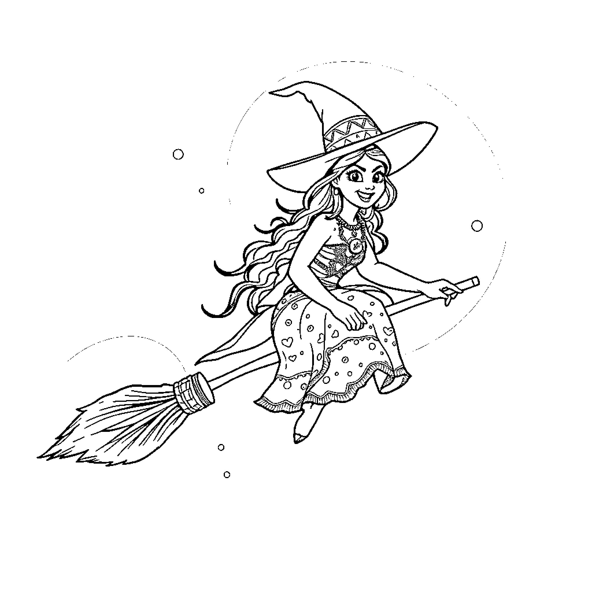 Witch riding a broom with whimsical expression Coloring Page (free black-and-white line drawing printable PDF for all, from beginners to advanced learners, including children, teens, adults, and seniors)
