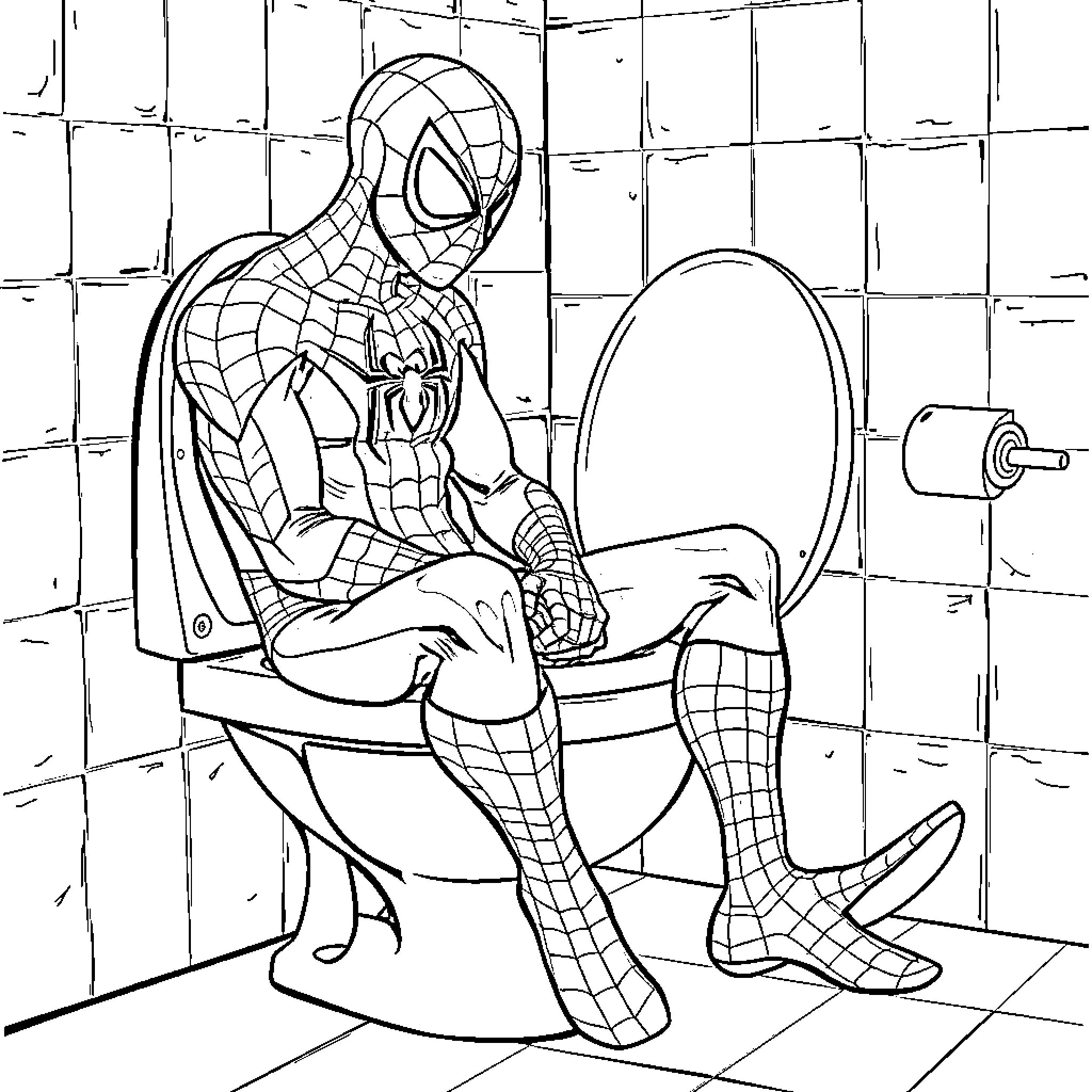 Spiderman sitting on the toilet Coloring Page (free black-and-white line drawing printable PDF for all, from beginners to advanced learners, including children, teens, adults, and seniors)