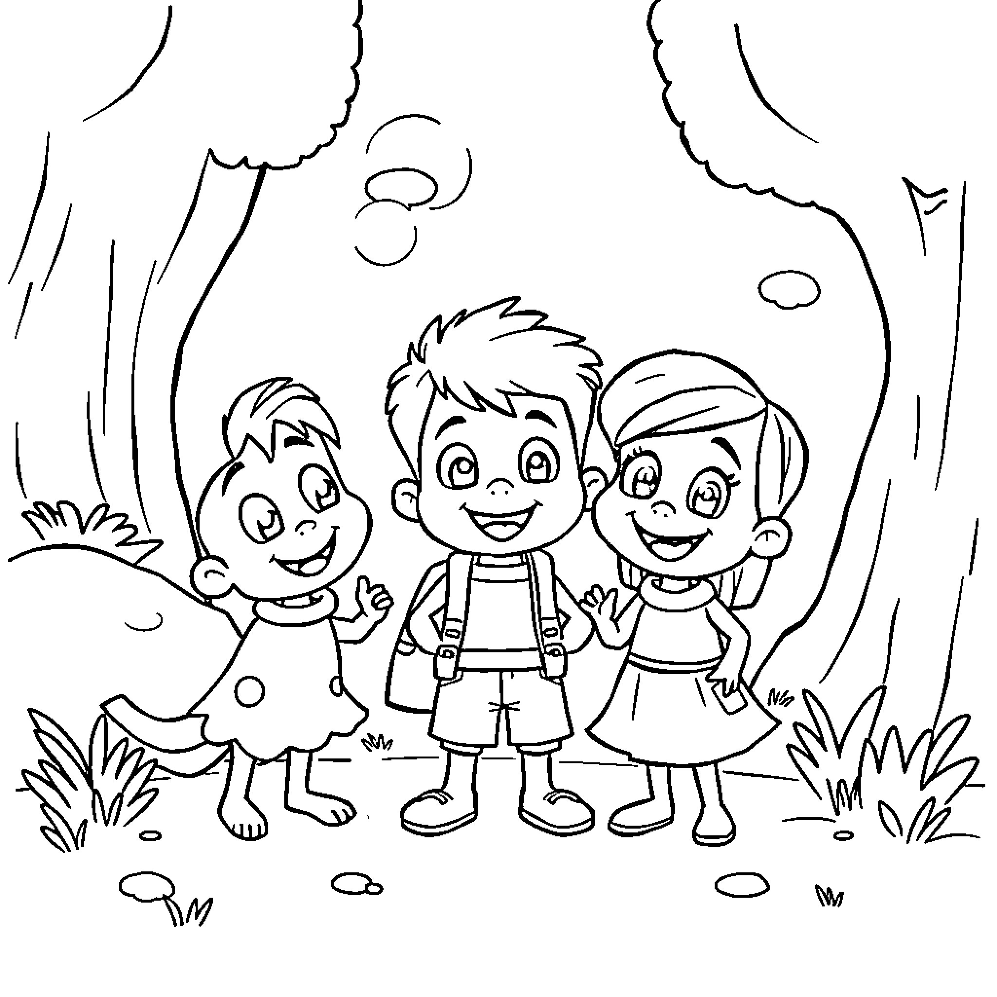 Bluey and friends explore the outdoor nature scene Coloring Page (free black-and-white line drawing printable PDF for all, from beginners to advanced learners, including children, teens, adults, and seniors)