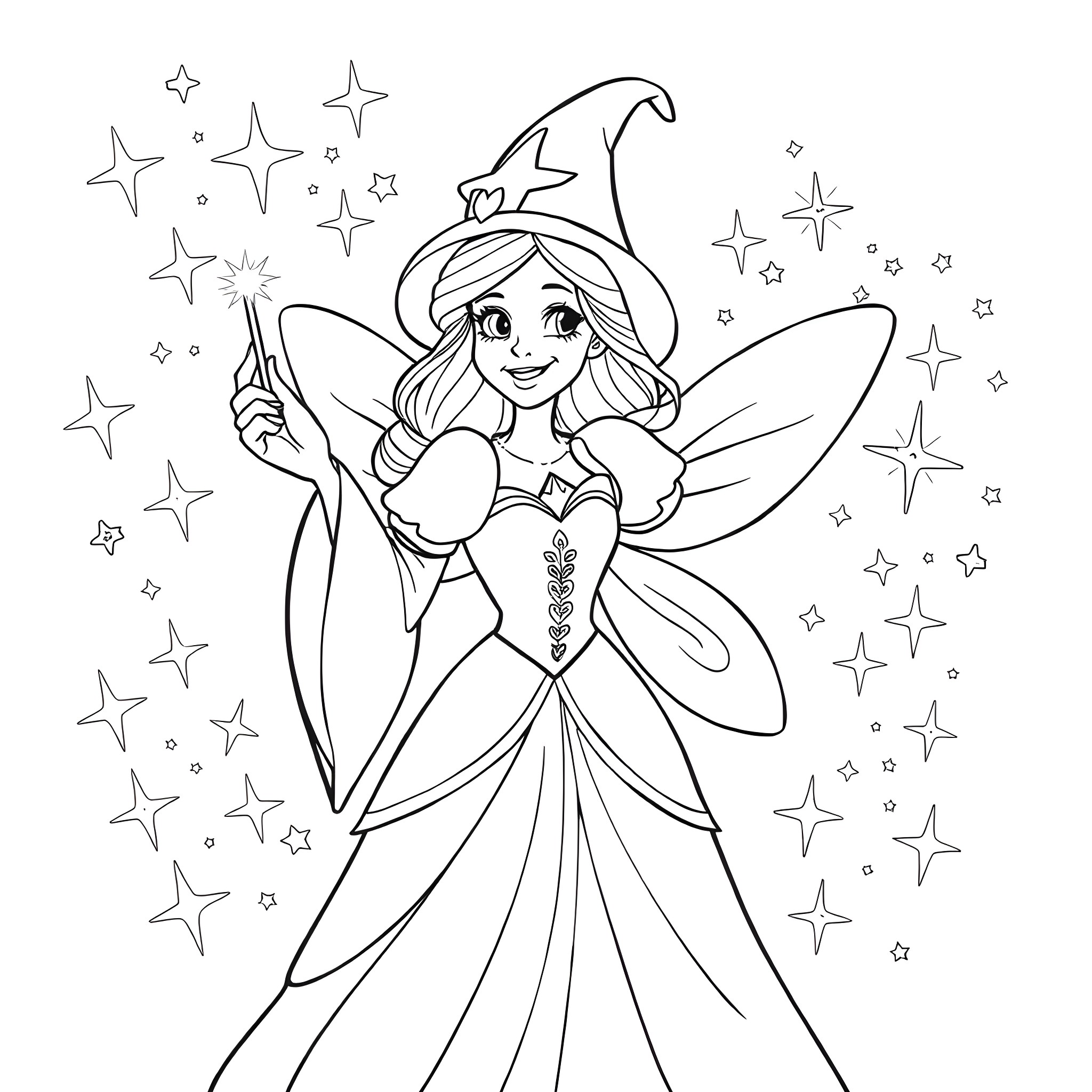 Fairy Godmother casting magical spells in a starry night Coloring Page (free black-and-white line drawing printable PDF for all, from beginners to advanced learners, including children, teens, adults, and seniors)