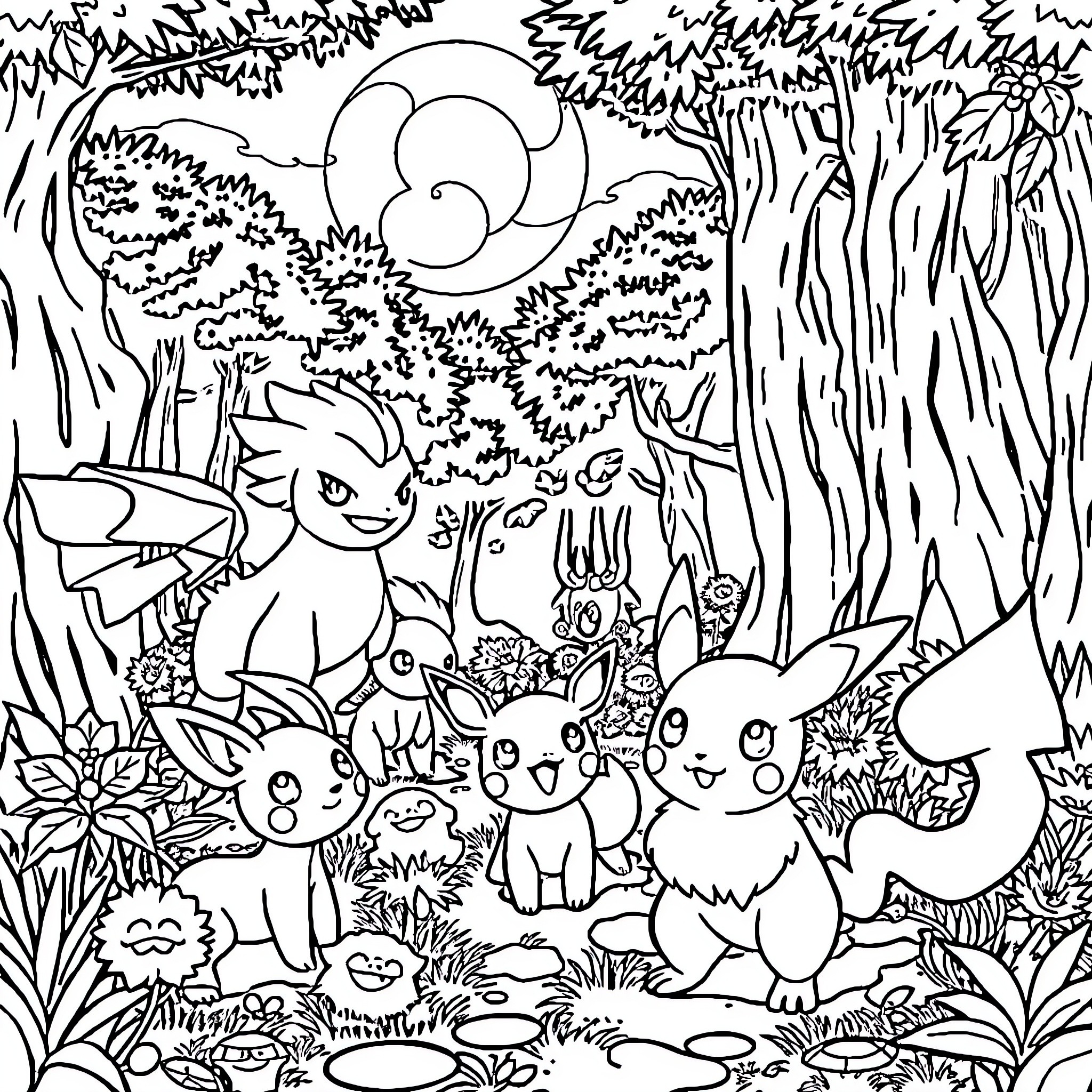 Pokémon characters playing in a forest scene Coloring Page (free black-and-white line drawing printable PDF for all, from beginners to advanced learners, including children, teens, adults, and seniors)