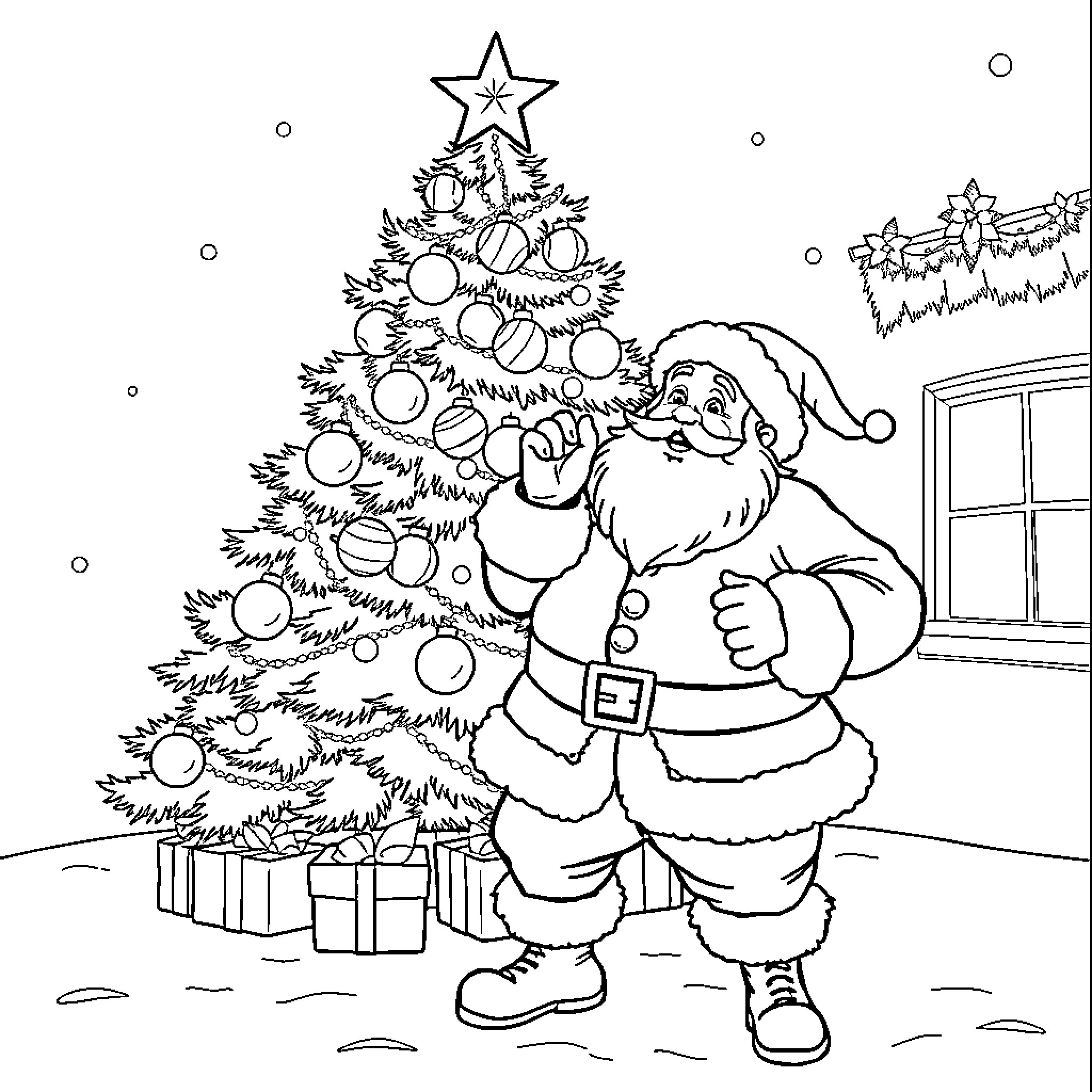Christmas Tree with Jolly Santa Claus Coloring Page (free black-and-white line drawing printable PDF for all, from beginners to advanced learners, including children, teens, adults, and seniors)