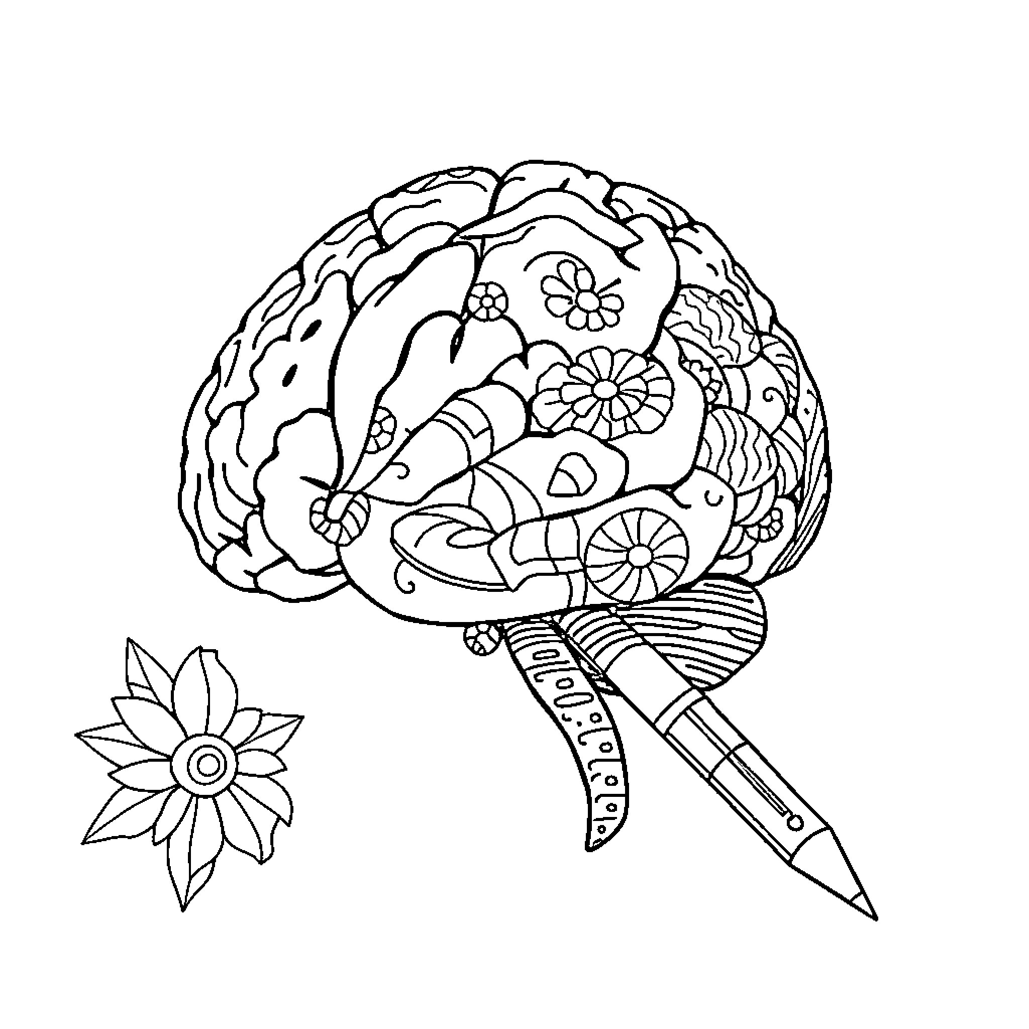 Pencil drawing artistic brain with flowers Coloring Page (free black-and-white line drawing printable PDF for all, from beginners to advanced learners, including children, teens, adults, and seniors)