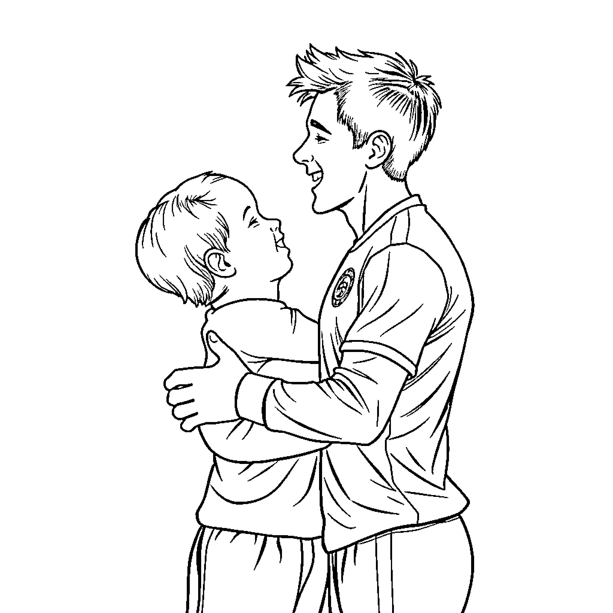 Father and son sharing a warm embrace Coloring Page (free black-and-white line drawing printable PDF for all, from beginners to advanced learners, including children, teens, adults, and seniors)