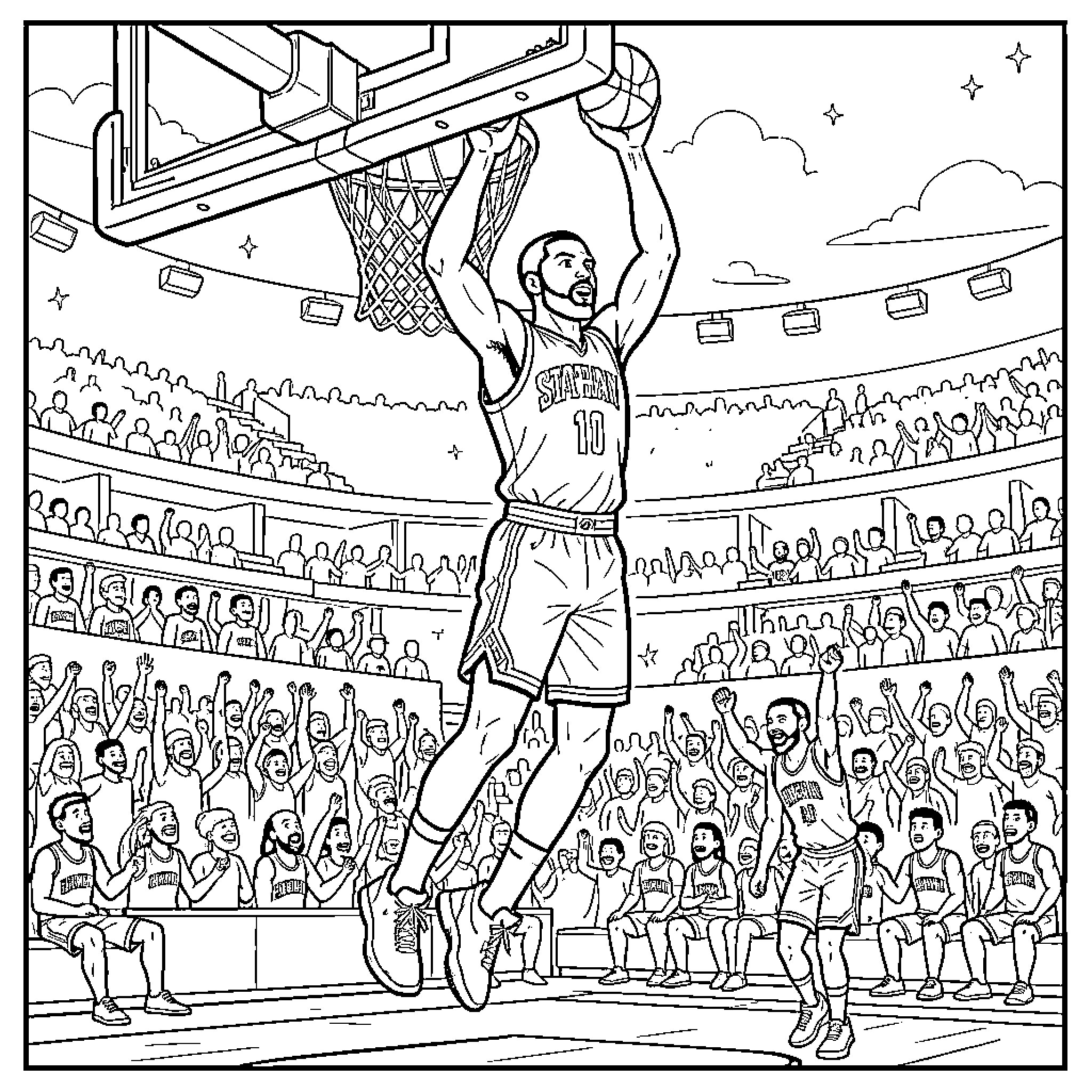Stephen Curry performing a powerful slam dunk in an arena Coloring Page (free black-and-white line drawing printable PDF for all, from beginners to advanced learners, including children, teens, adults, and seniors)