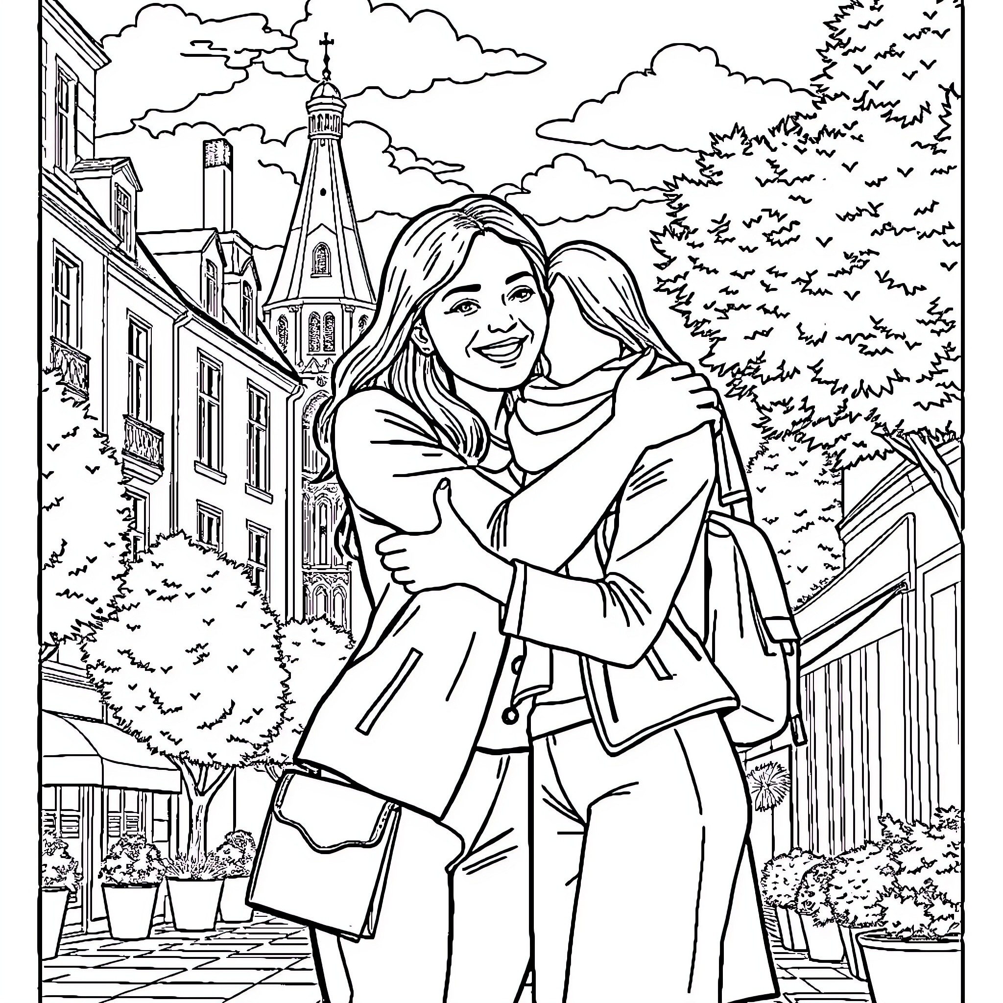 Teacher embracing student in front of historic building Coloring Page (free black-and-white line drawing printable PDF for all, from beginners to advanced learners, including children, teens, adults, and seniors)