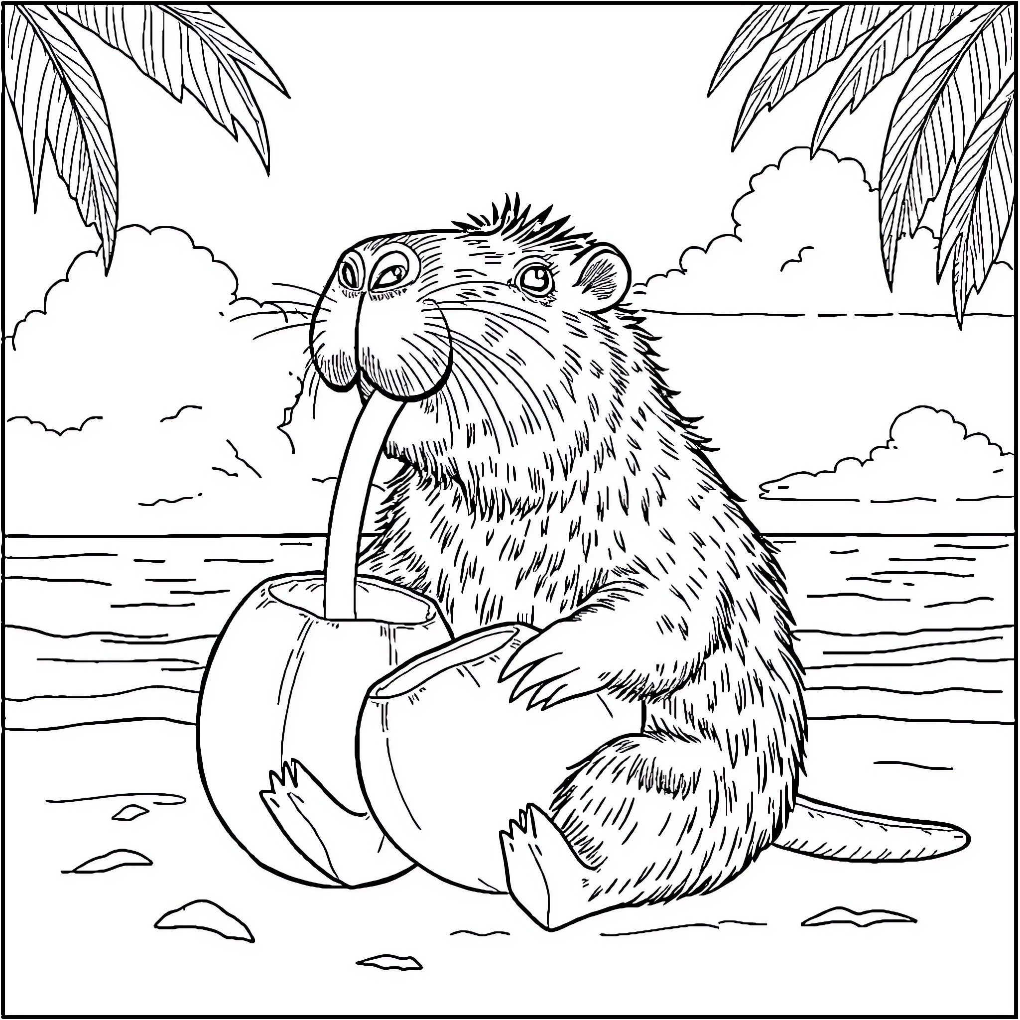 Capybara relaxing on the beach Coloring Page (free black-and-white line drawing printable PDF for all, from beginners to advanced learners, including children, teens, adults, and seniors)