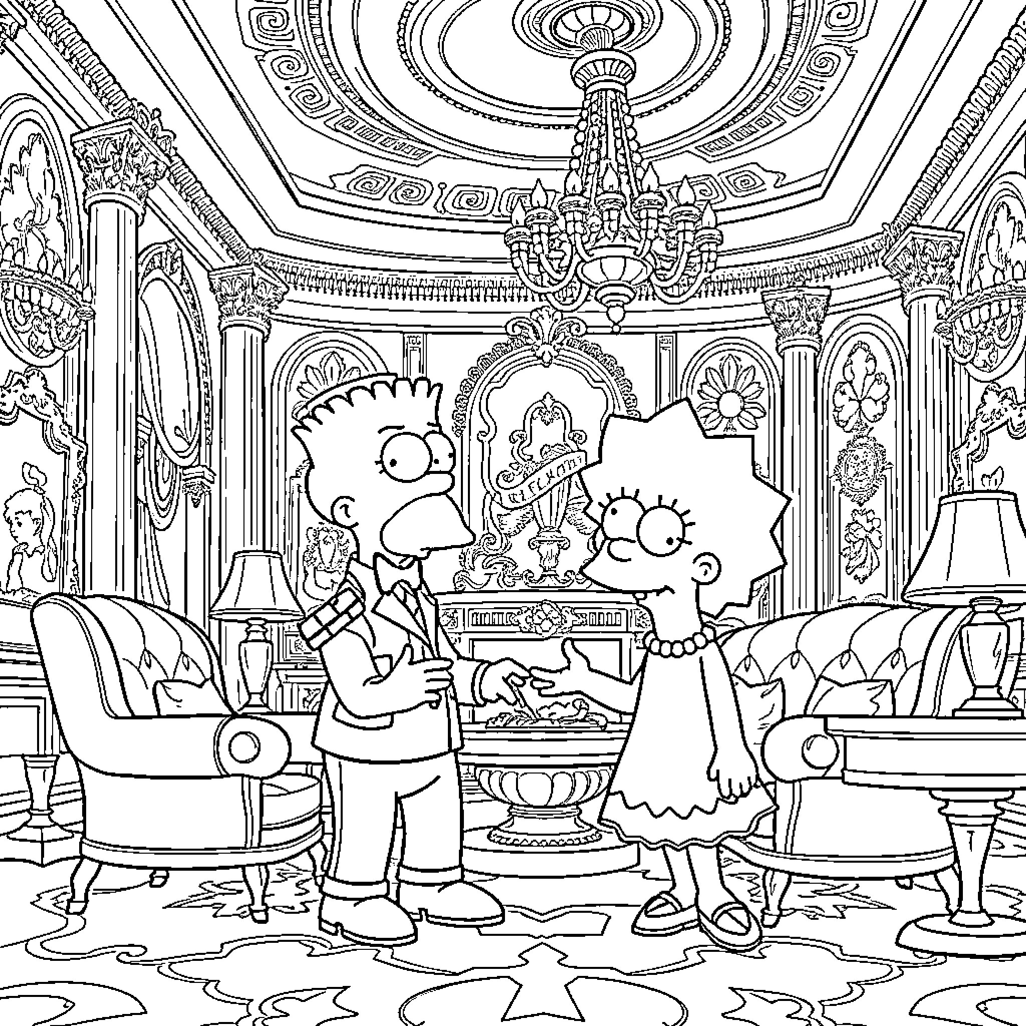 Kenny and Lisa explore the ornate royal palace Coloring Page (free black-and-white line drawing printable PDF for all, from beginners to advanced learners, including children, teens, adults, and seniors)
