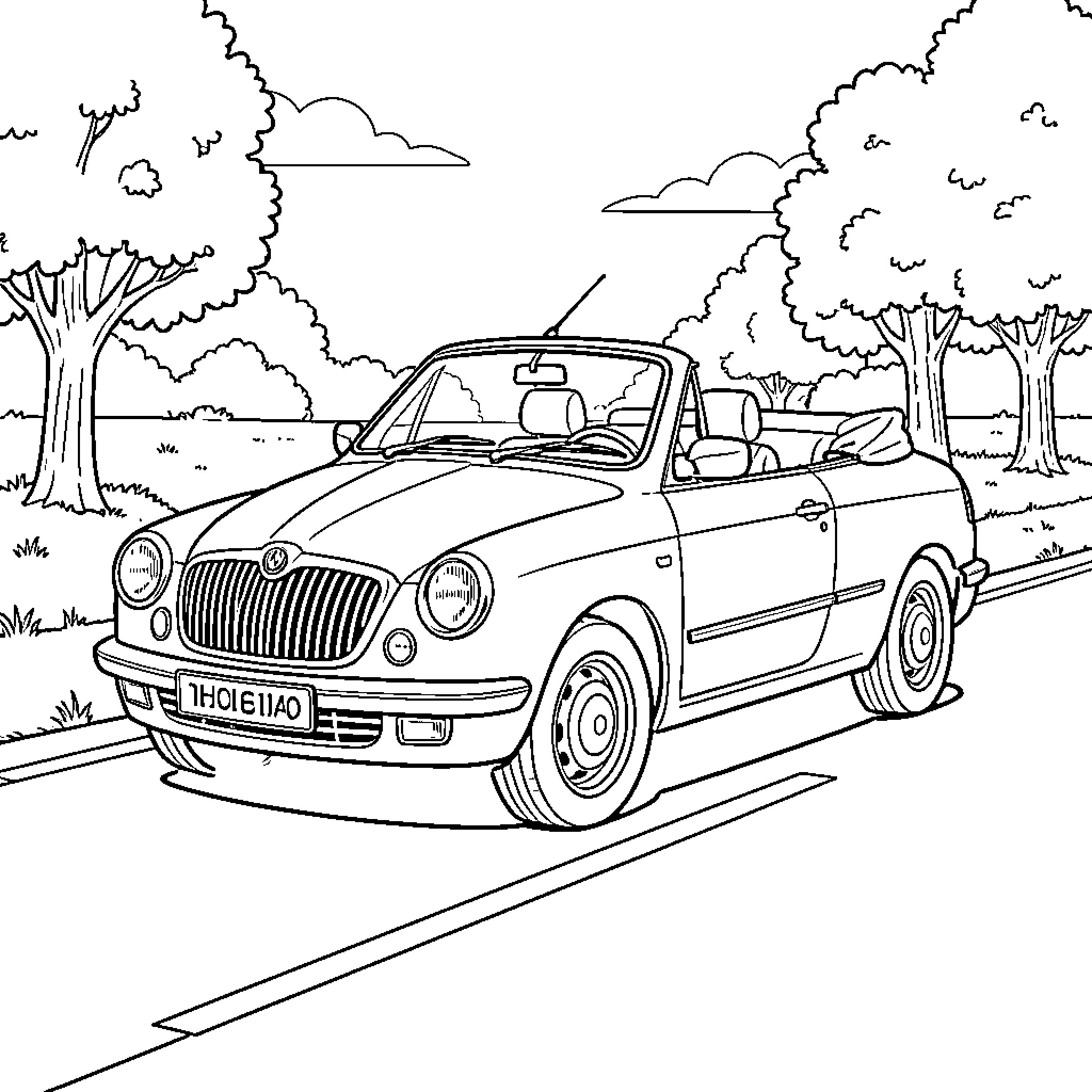 Skoda convertible driving along a scenic road Coloring Page (free black-and-white line drawing printable PDF for all, from beginners to advanced learners, including children, teens, adults, and seniors)