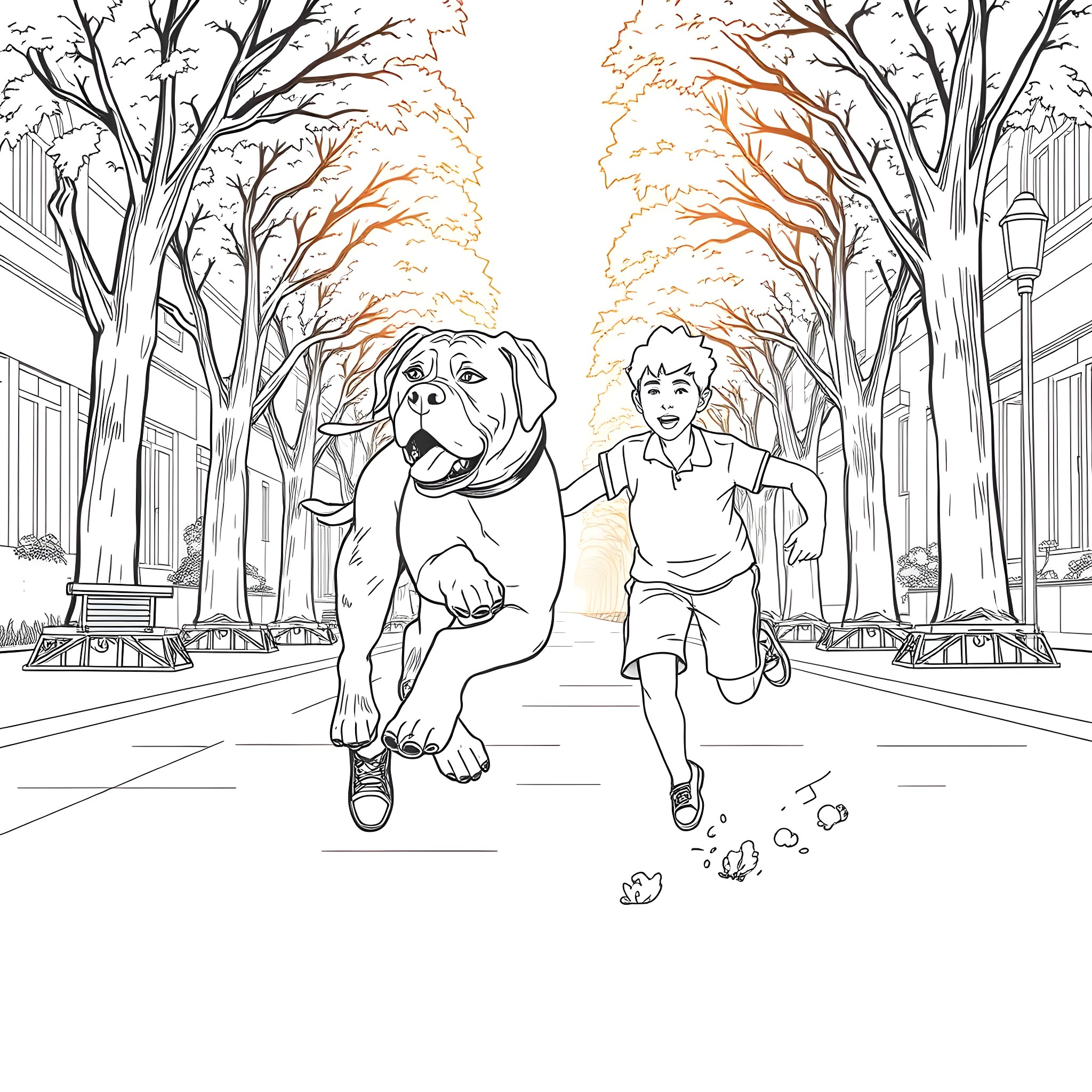 Mastiff companion enjoying a walk in the park Coloring Page (free black-and-white line drawing printable PDF for all, from beginners to advanced learners, including children, teens, adults, and seniors)