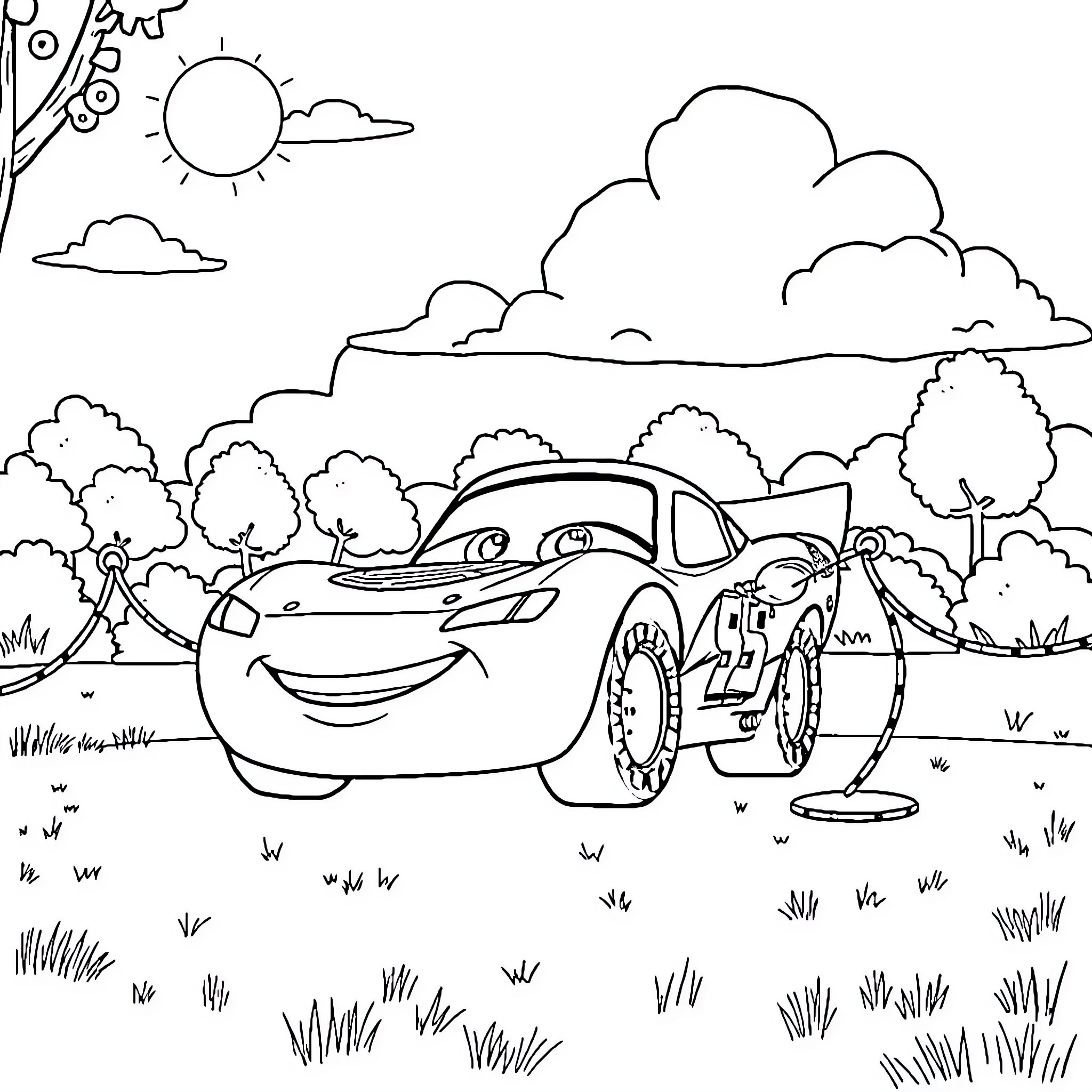 Lightning McQueen in a Cheerful Outdoor Scene Coloring Page (free black-and-white line drawing printable PDF for all, from beginners to advanced learners, including children, teens, adults, and seniors)