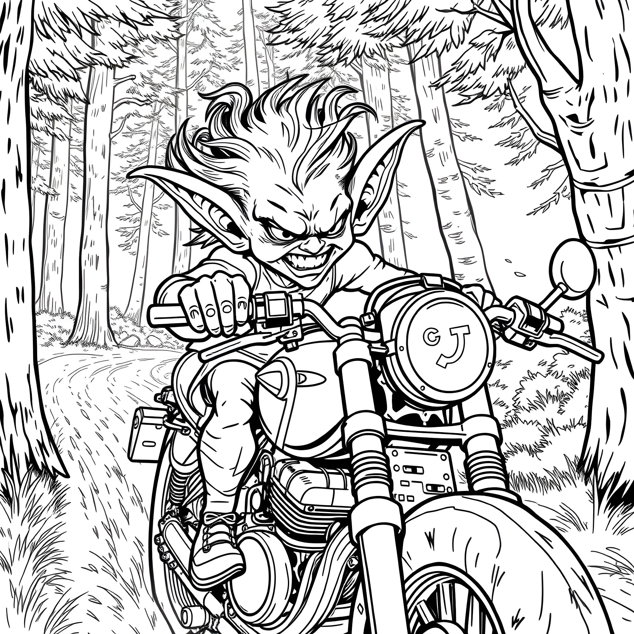 Goblin Riding a Motorcycle through the Forest Coloring Page (free black-and-white line drawing printable PDF for all, from beginners to advanced learners, including children, teens, adults, and seniors)